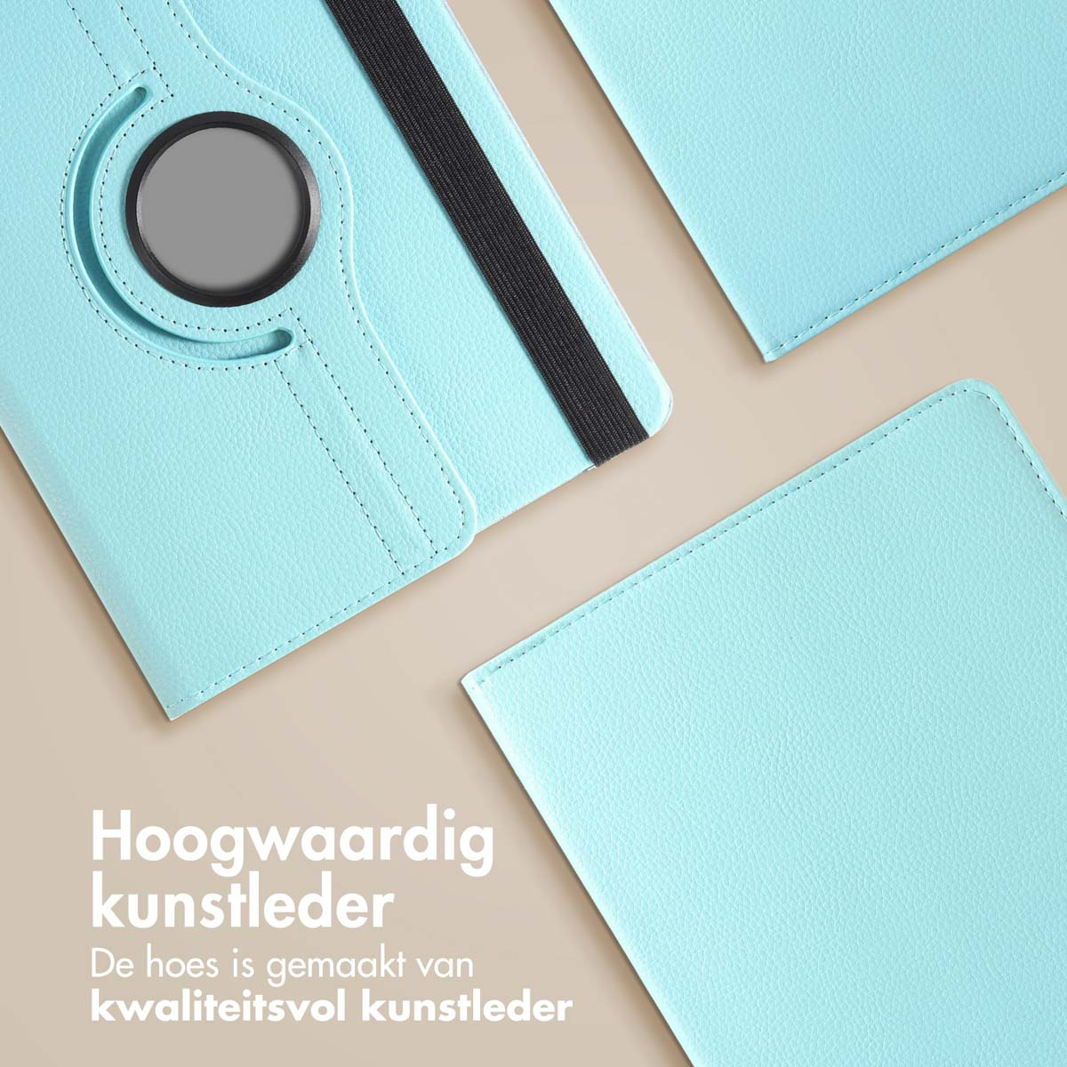Close-up of a light blue tablet case. The text 'Hoogwaardig kunstleder' is visible.