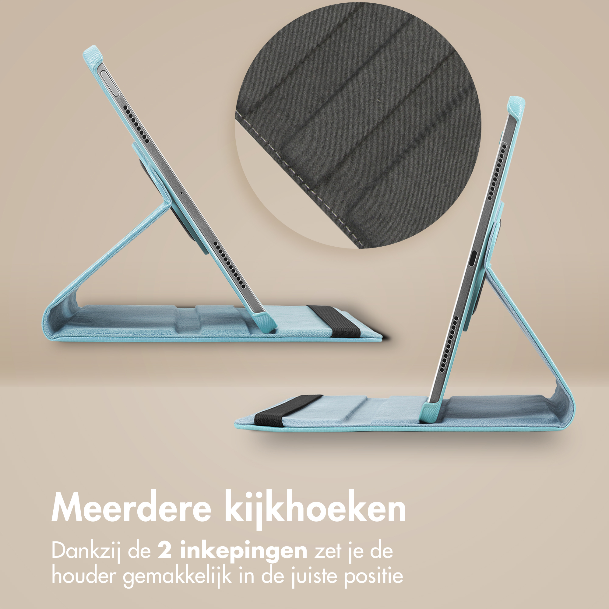 Blue tablet case with stand. Close-up of the stand and the tablet. Additional image of the texture.