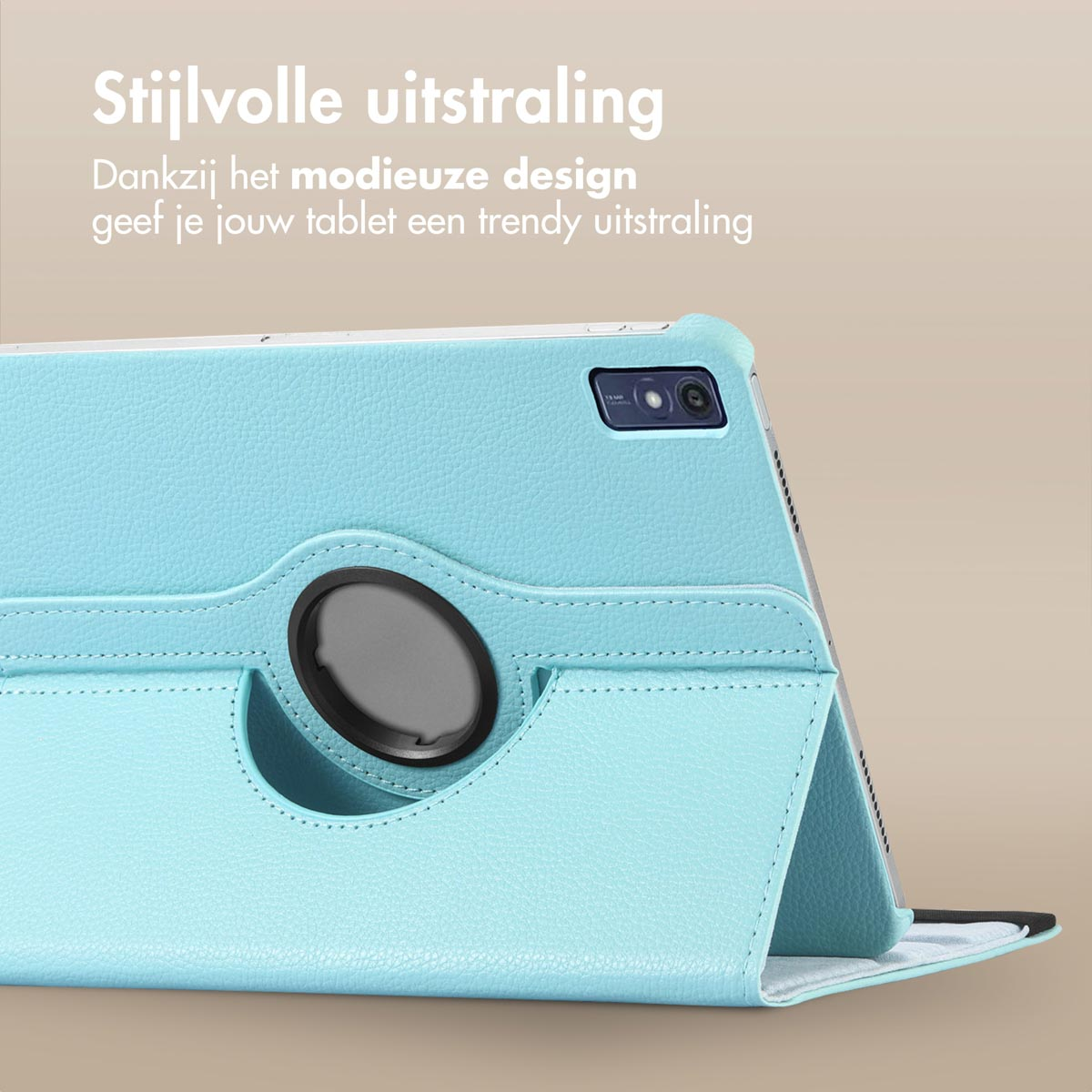 Light blue tablet case with rotating holder and a tablet inside, white background.