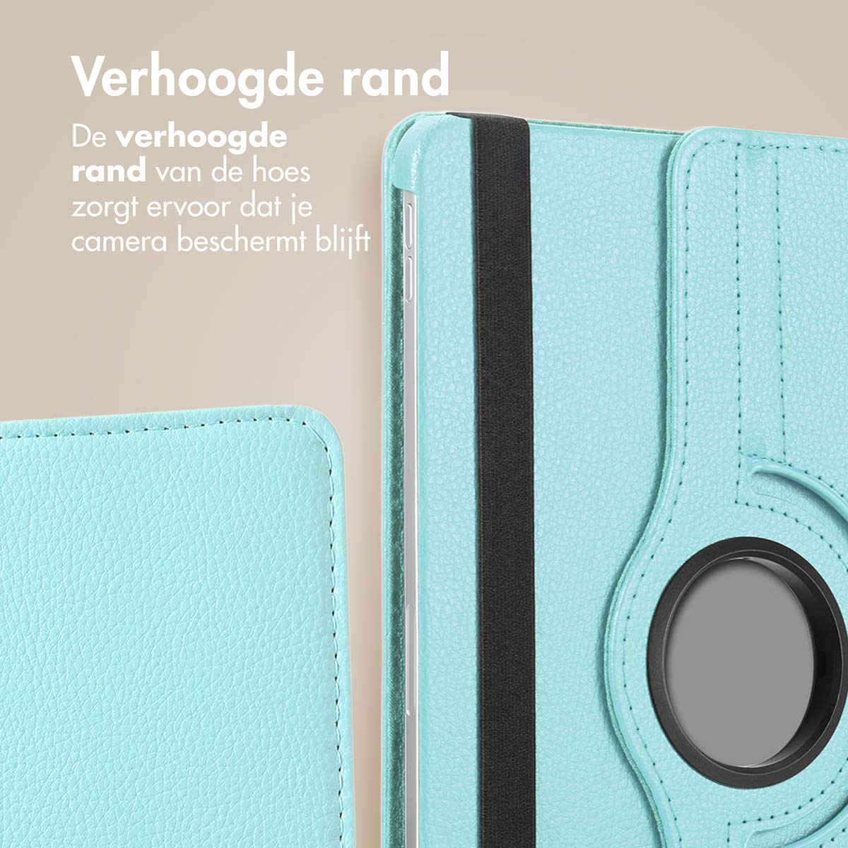 Close-up of a light blue tablet case with black band and camera protection circle.