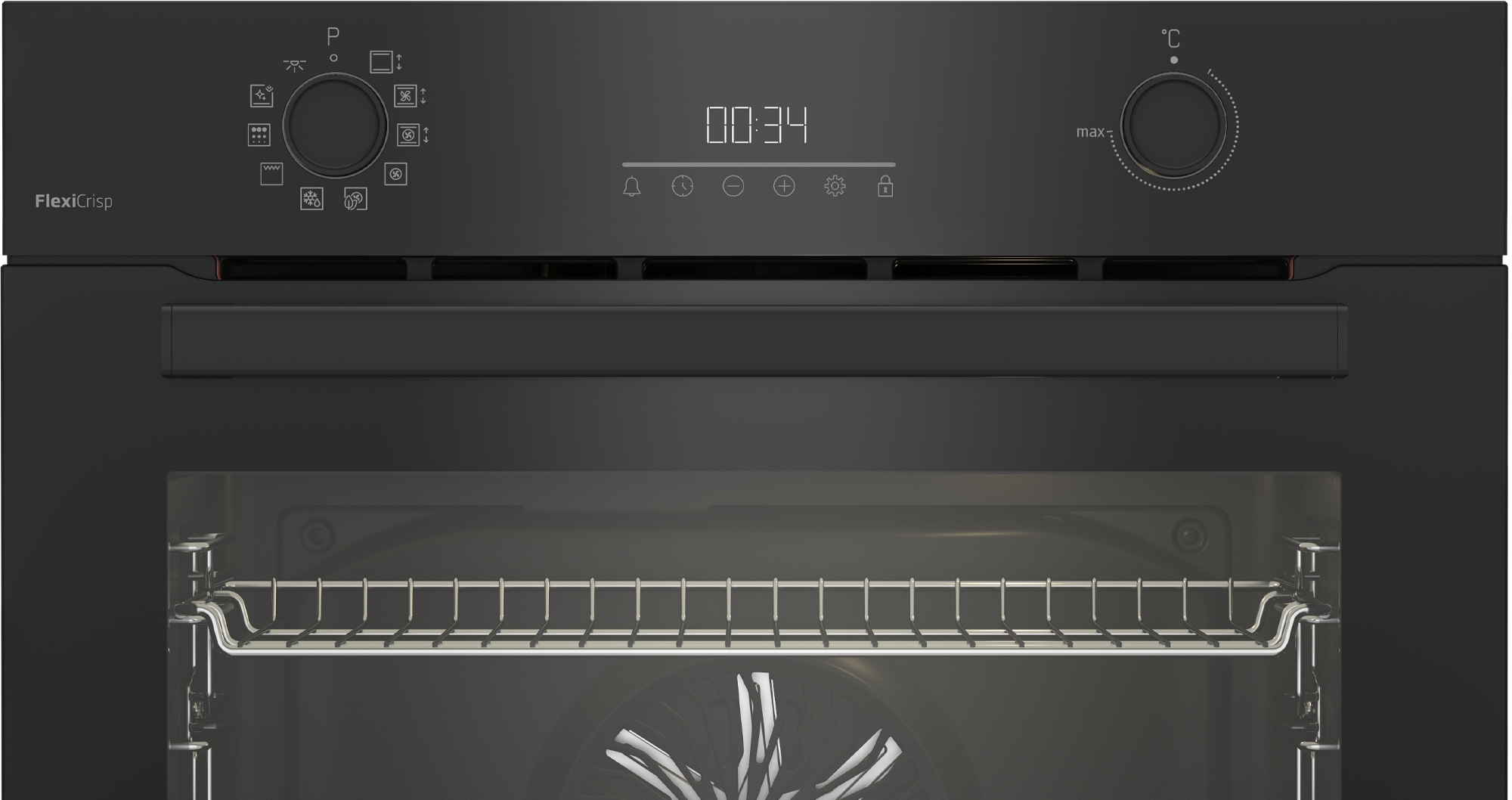 Forno nero con pannello comandi, display timer e griglia metallica.