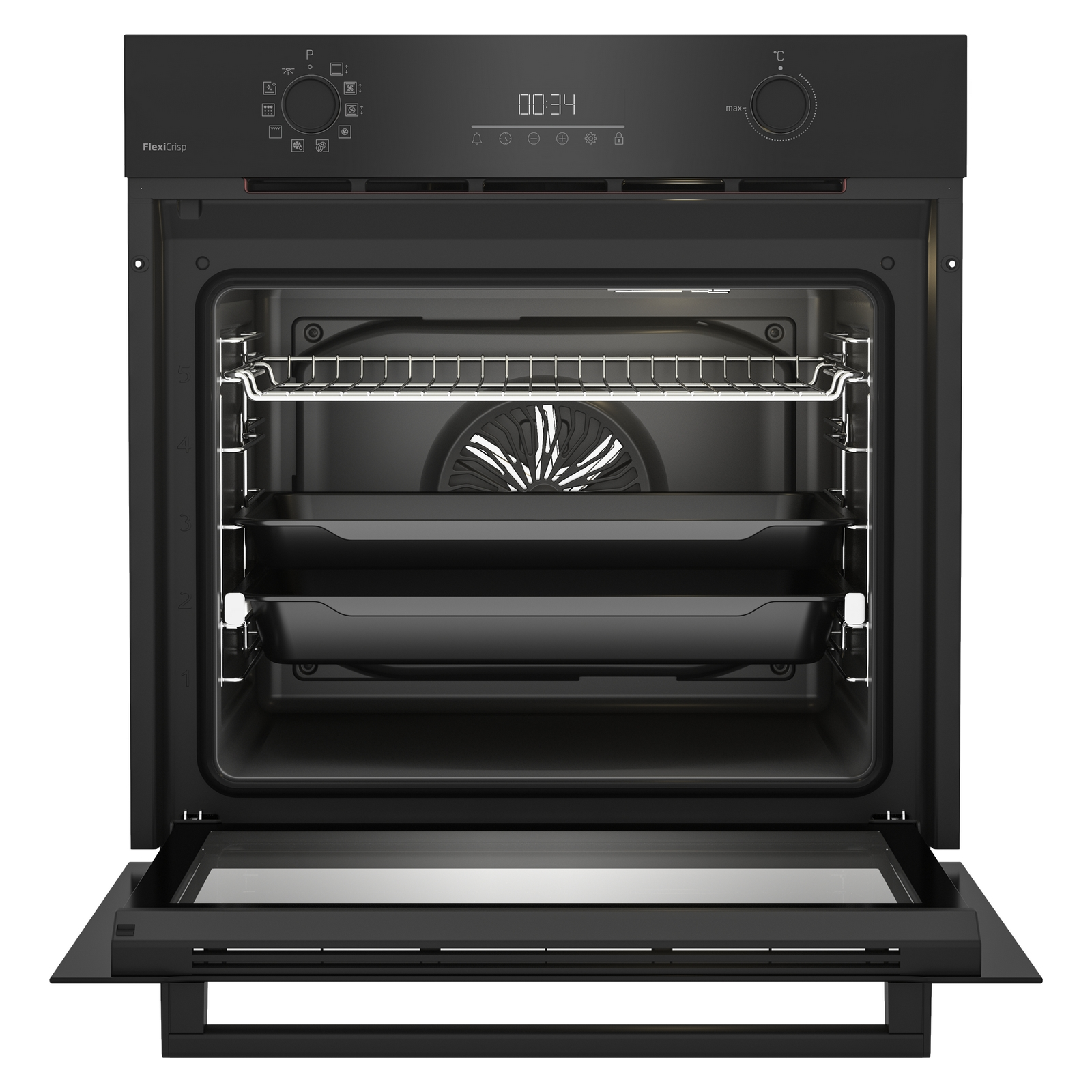 Un forno aperto con vassoi all'interno. L'interno è nero e la porta è aperta.