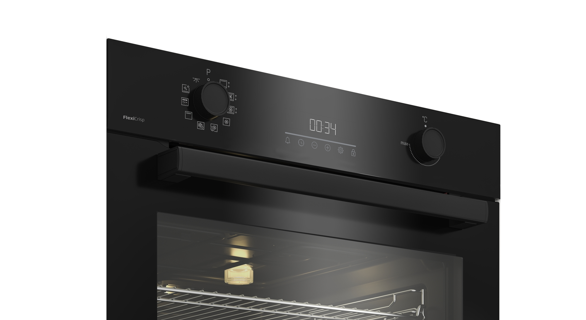 Primo piano di un pannello di controllo del forno nero. Visualizza numeri e simboli. Lo sfondo è bianco.