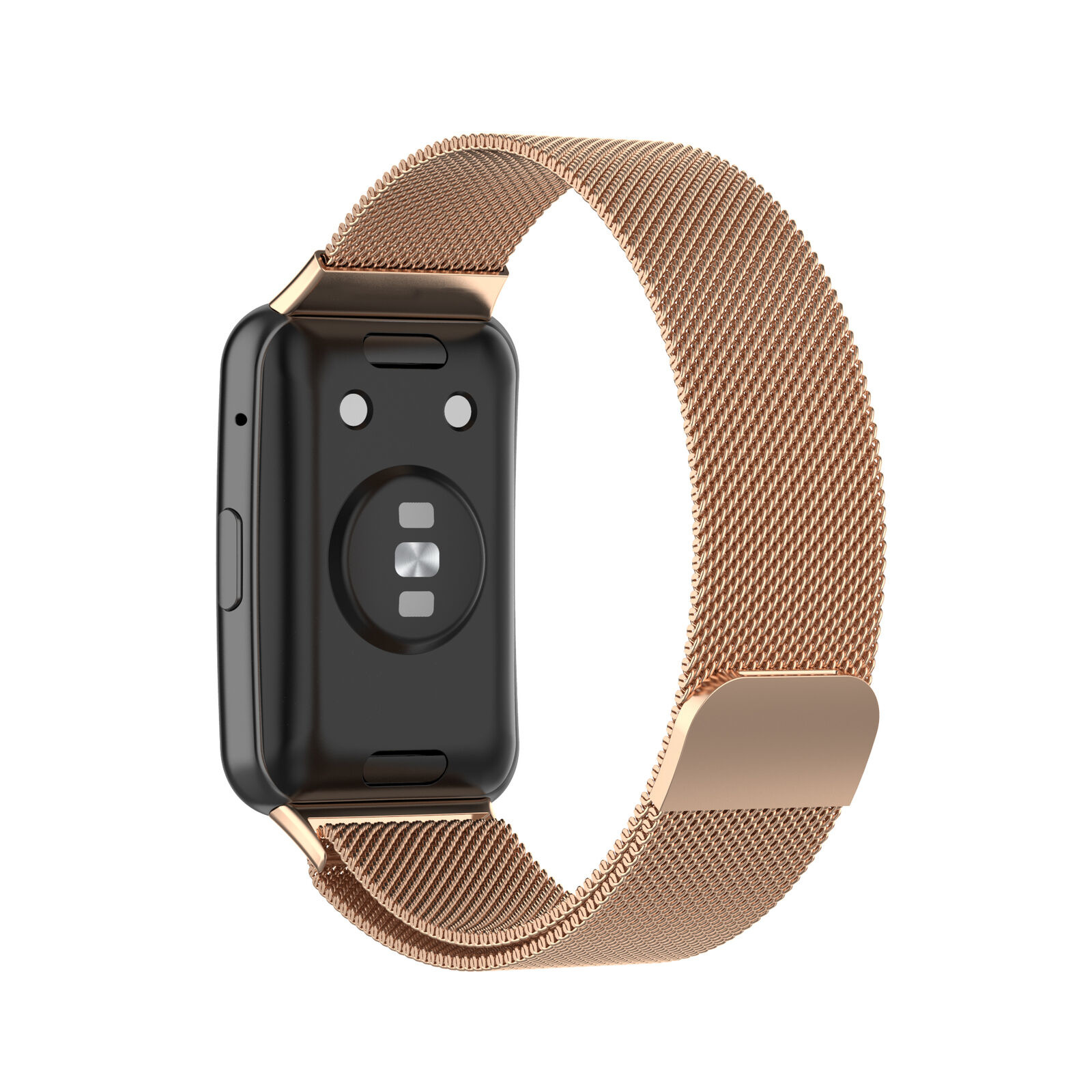 Schwarze Smartwatch mit einem bronzefarbenen Mesh-Armband. Weißer Hintergrund.