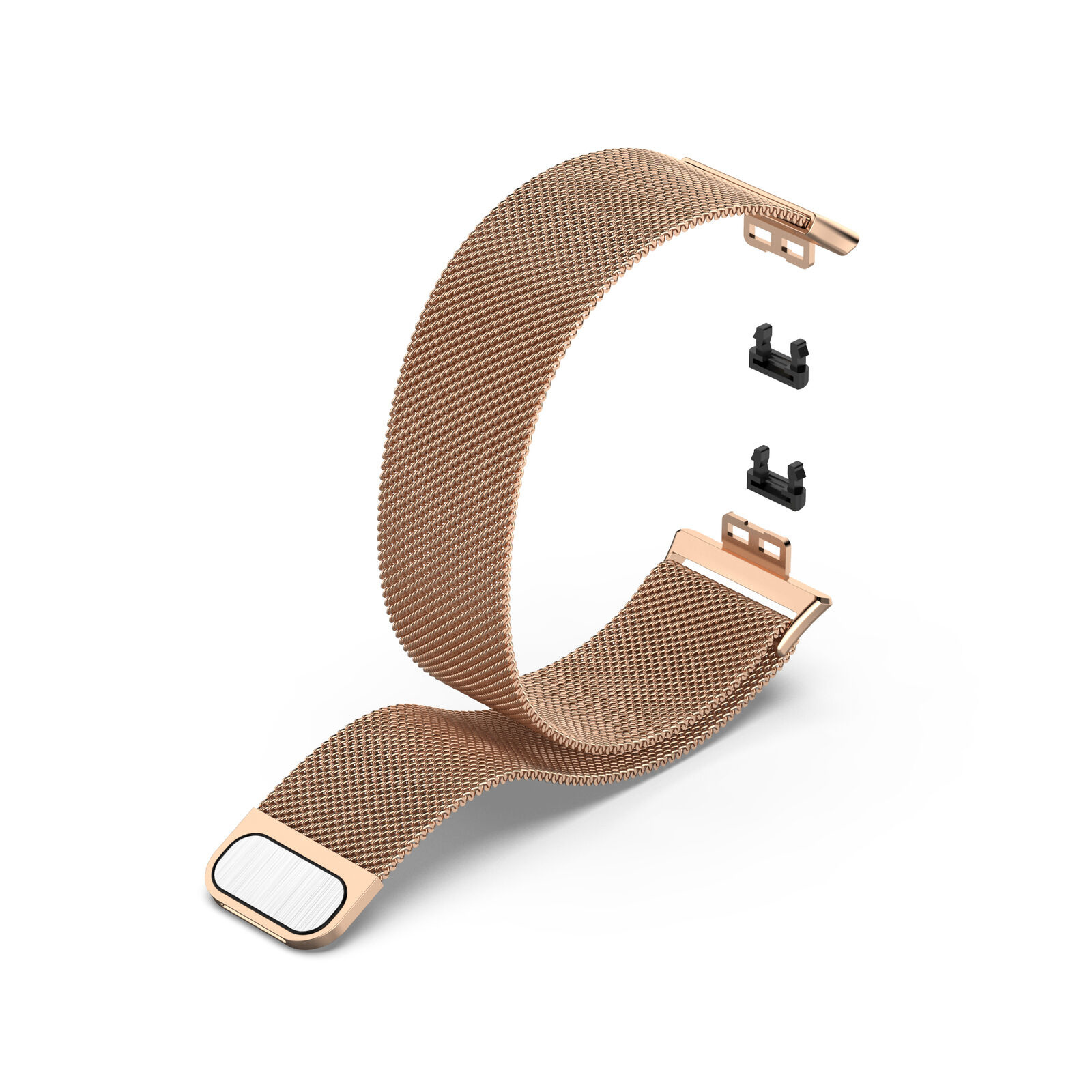 Ein roségoldenes Uhrenarmband mit Mesh-Design. Zwei schwarze Stecker sind enthalten.