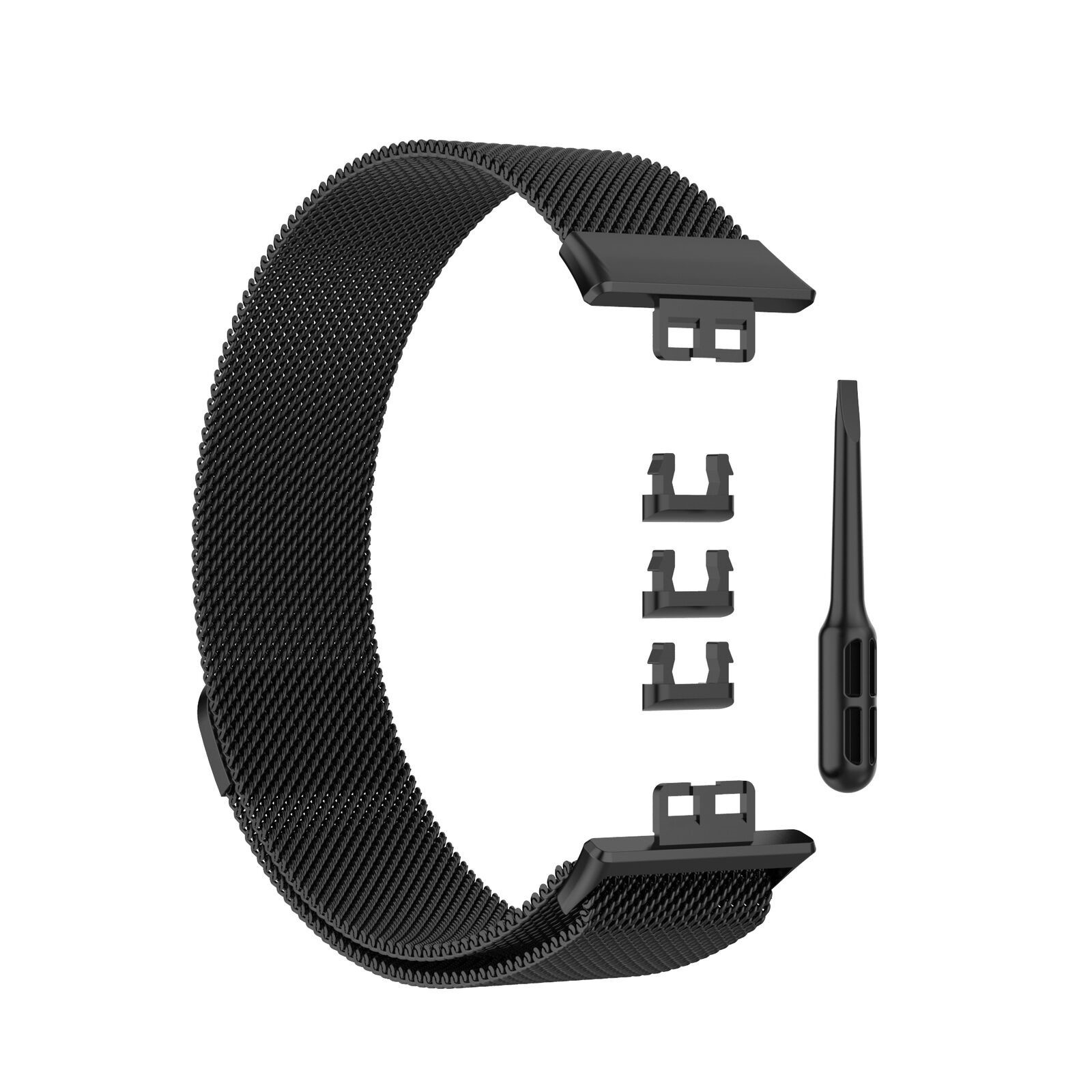 Schwarzes Metall-Smartwatch-Armband. Das Armband ist zerlegt, Teile werden gezeigt.
