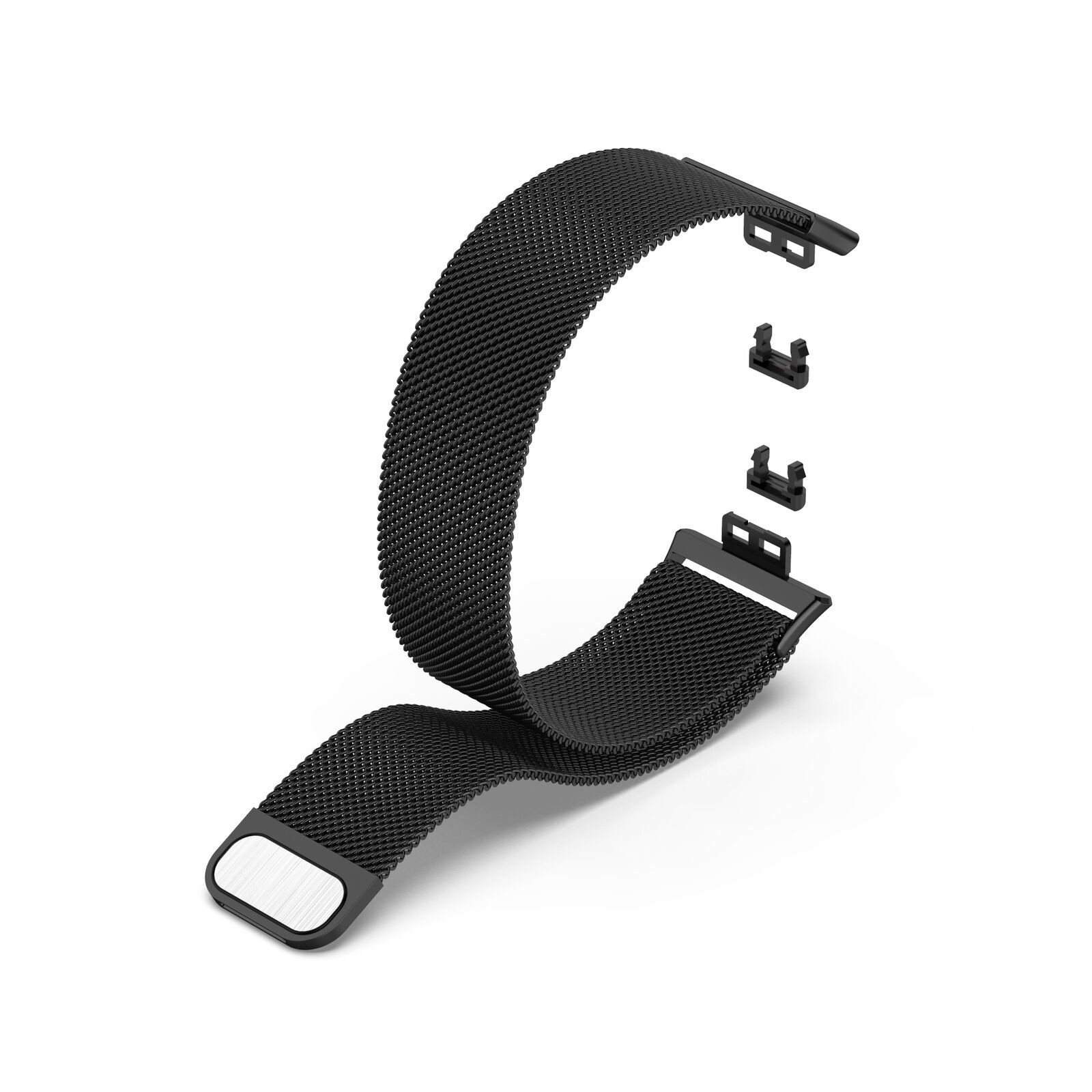 Schwarzes Uhrenarmband mit Metallgeflecht, abgenommenen Teilen und weißem Hintergrund.