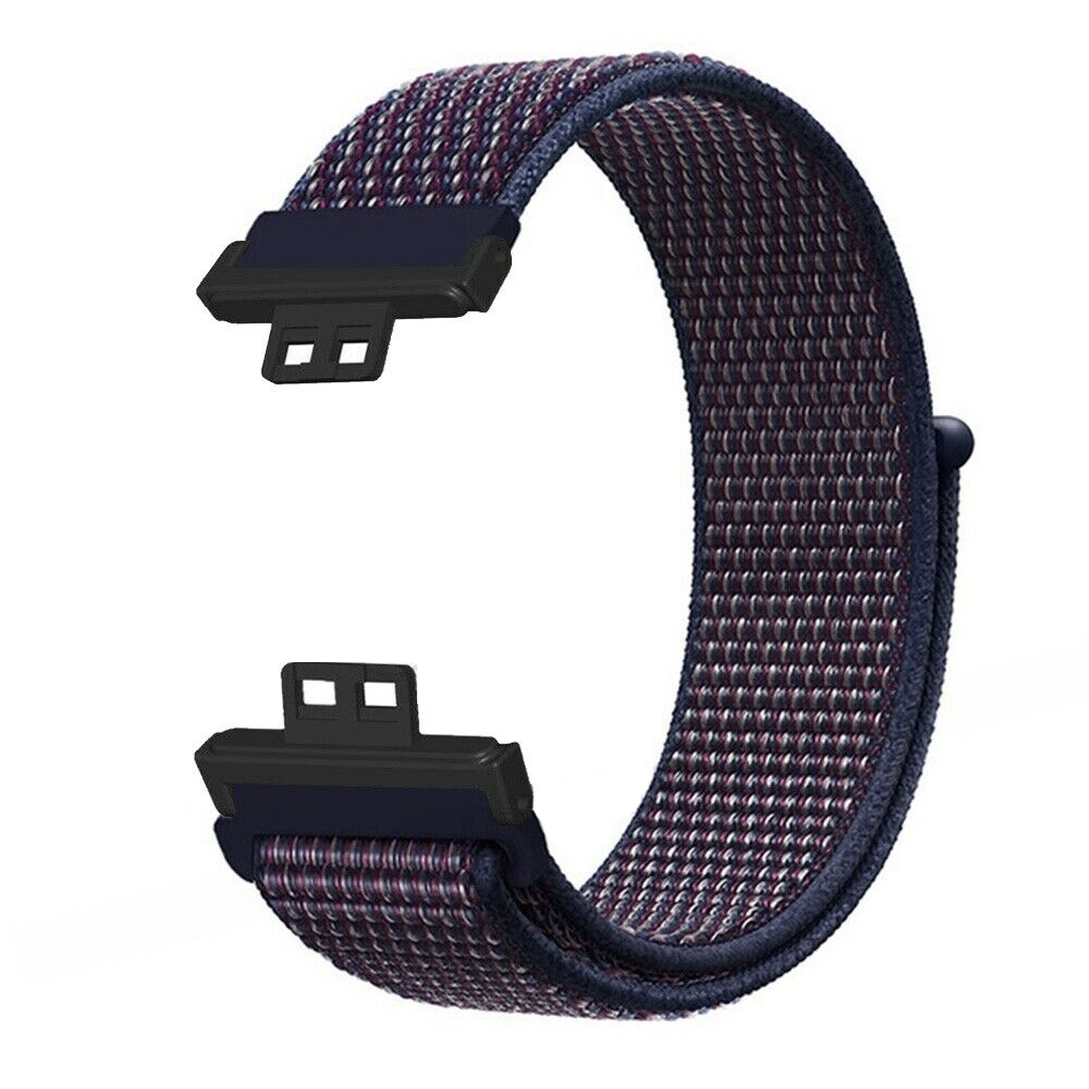 Armband mit lila-blauem Webmuster und schwarzen Anschlüssen.
