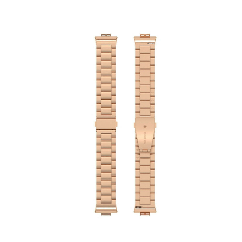 Zwei roségoldene Uhrenarmbänder nebeneinander auf weißem Untergrund, die ihre detaillierten Glieder zeigen.