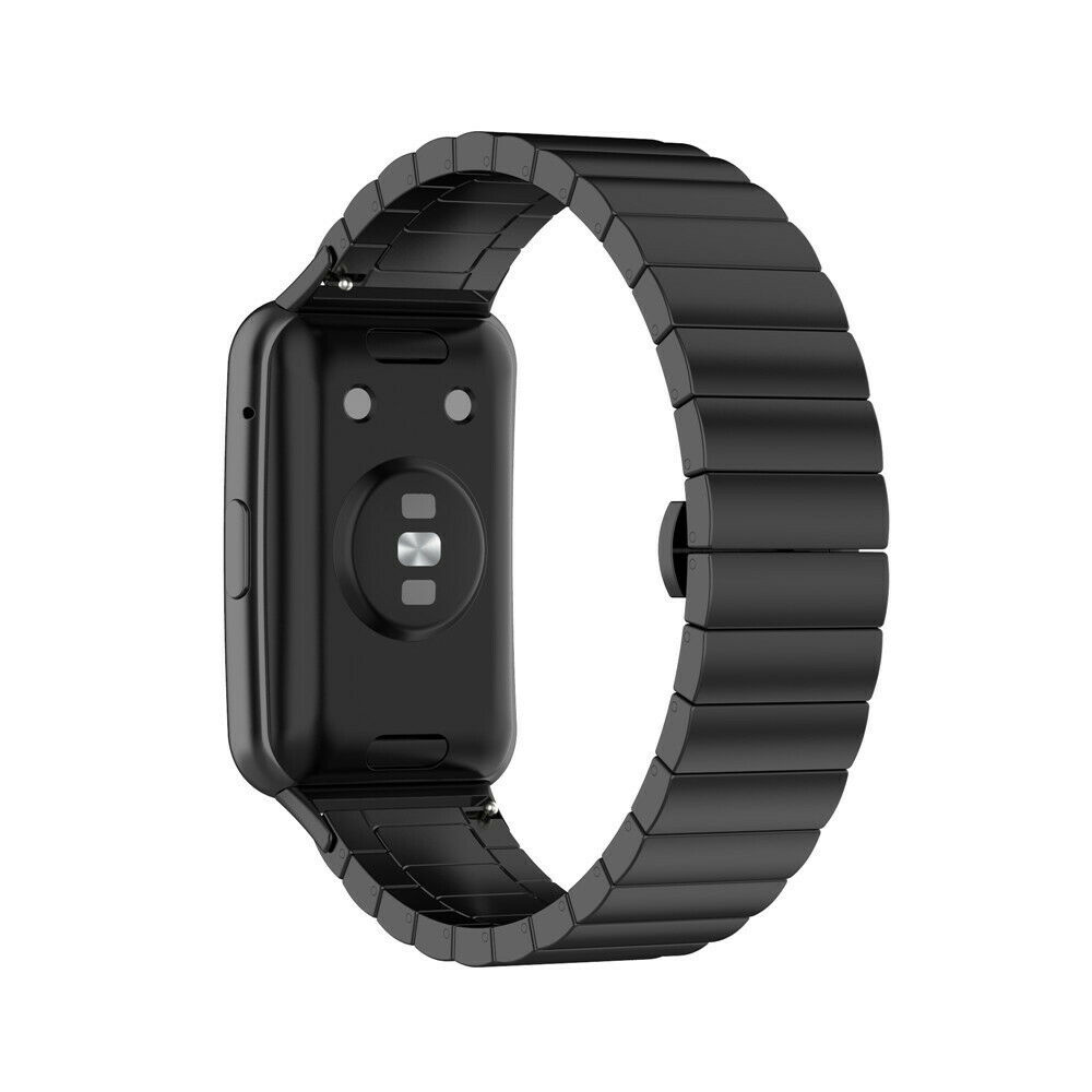 Schwarze Smartwatch mit schwarzem Armband, weißer Hintergrund.