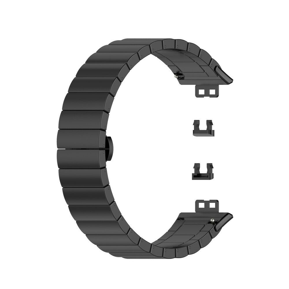Schwarzes Uhrenarmband, geschwungenes Design. Das Armband ist segmentiert.