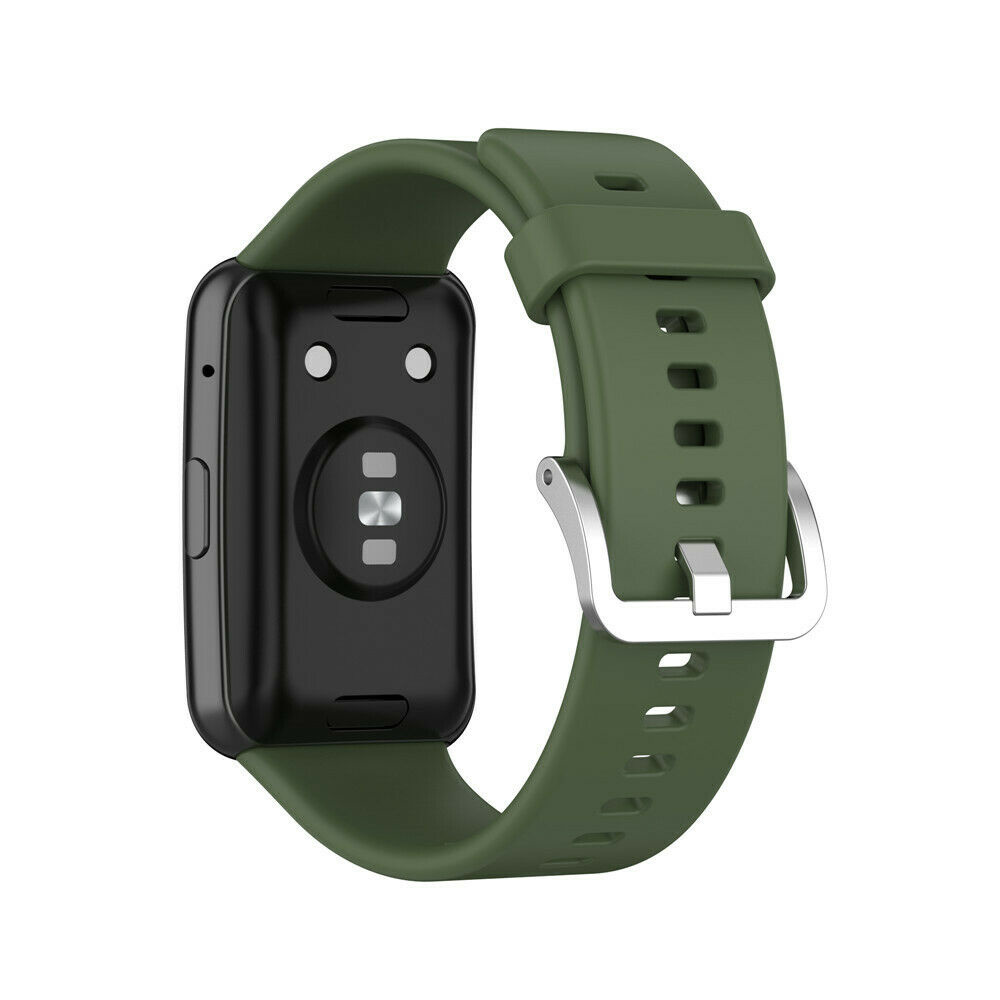 Grüne Smartwatch mit grünem Armband, die Rückseite mit Sensordetails.