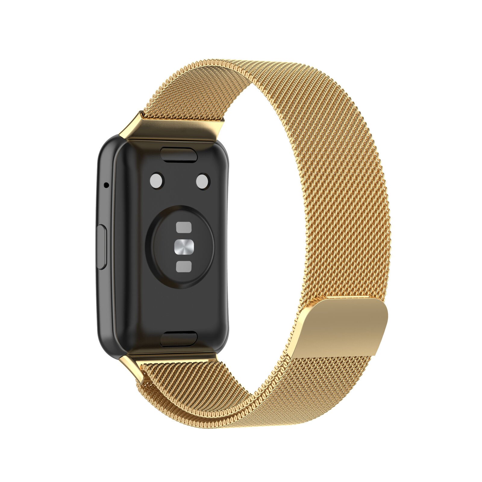 Goldenes Smartwatch-Armband mit schwarzer Rückseite. Das Band ist ein Mesh-Design.