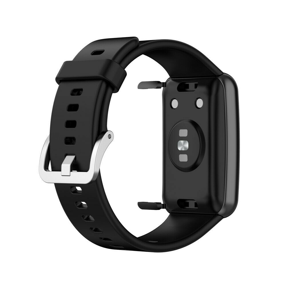 Schwarze Smartwatch mit schwarzem Armband und silberner Schließe. Die Uhr hat einen Herzfrequenzsensor auf der Rückseite.