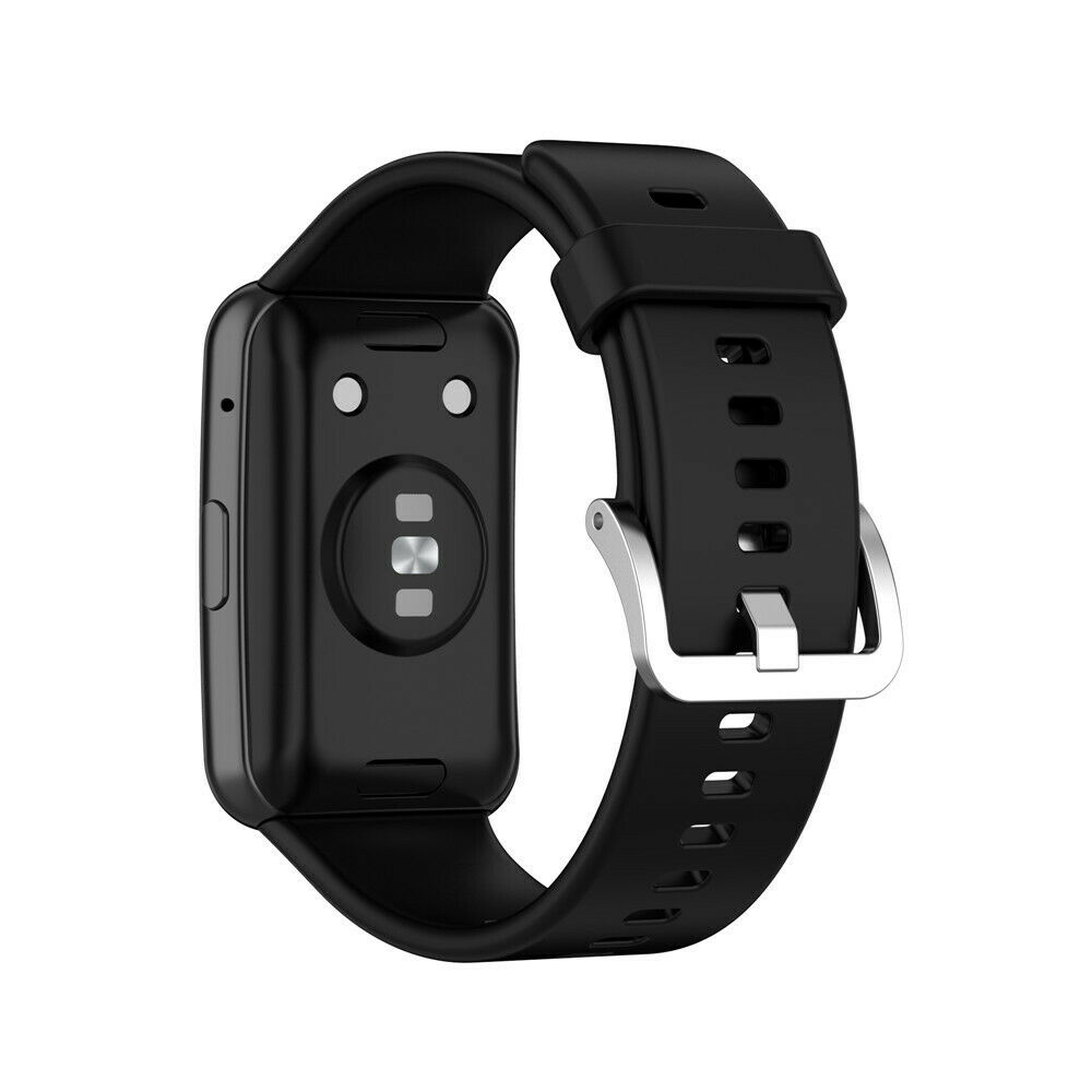 Eine schwarze Smartwatch mit schwarzem Armband. Die Rückseite der Uhr hat Sensoren und einen Ladeanschluss.