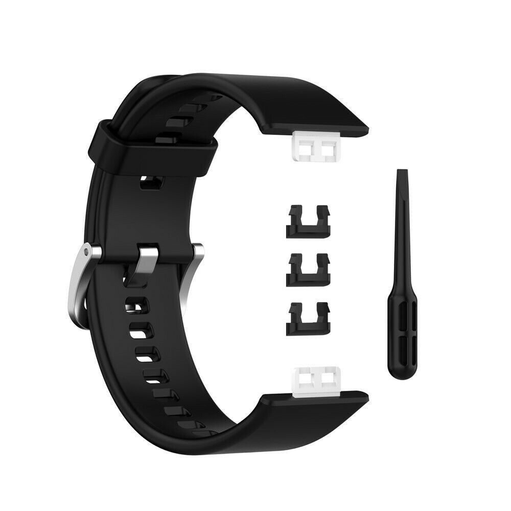 Schwarzes Armband für Smartwatch mit Ersatzteilen und Werkzeug auf weißem Hintergrund.