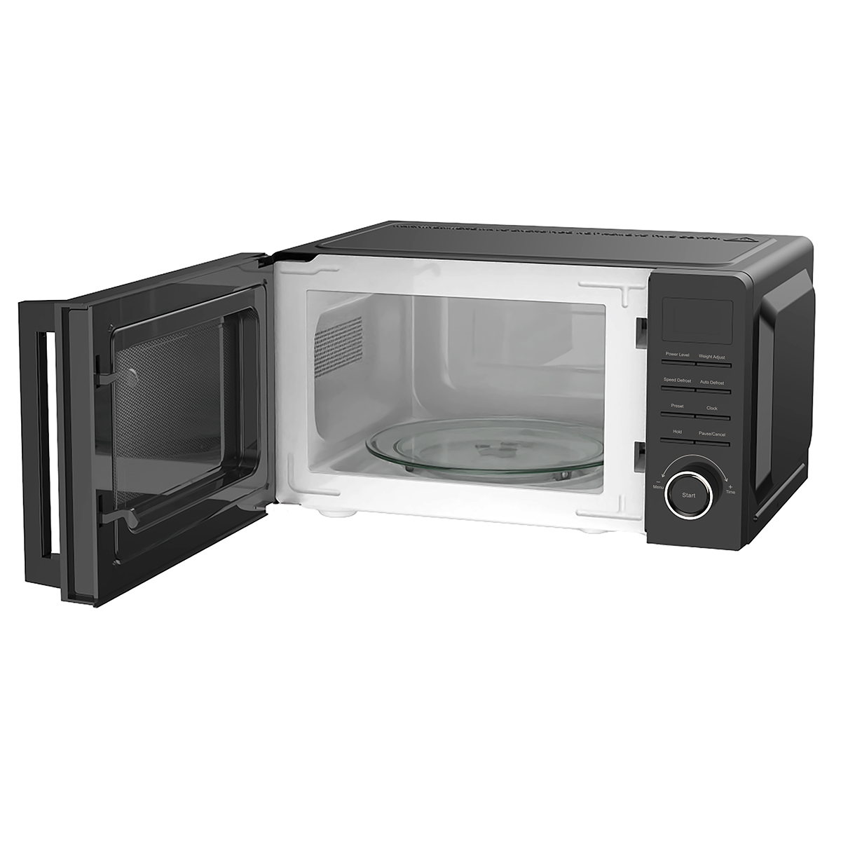 Zwarte magnetron met open deur, toont een glazen plaat binnenin.