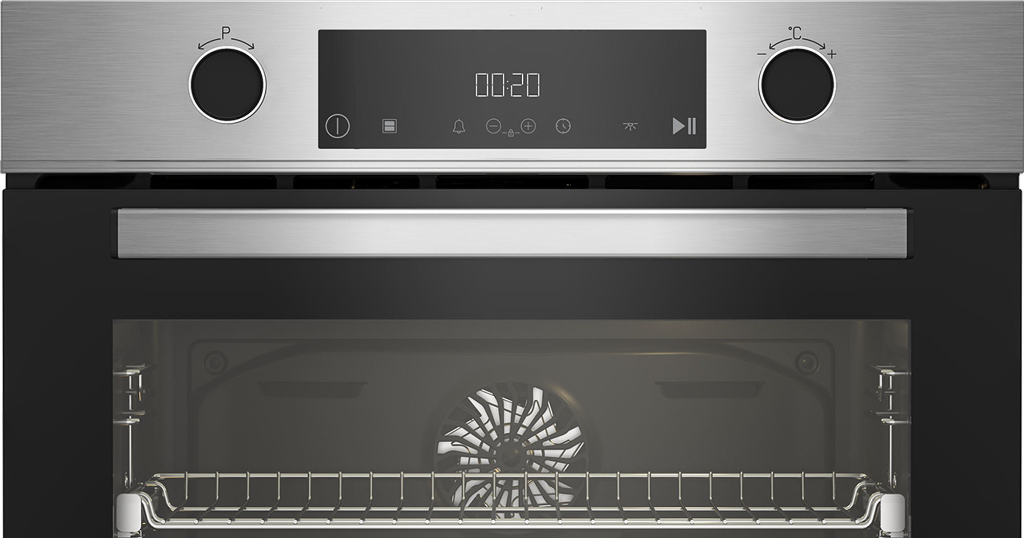 Un pannello di controllo del forno con un display digitale che mostra l'ora e le manopole di controllo.