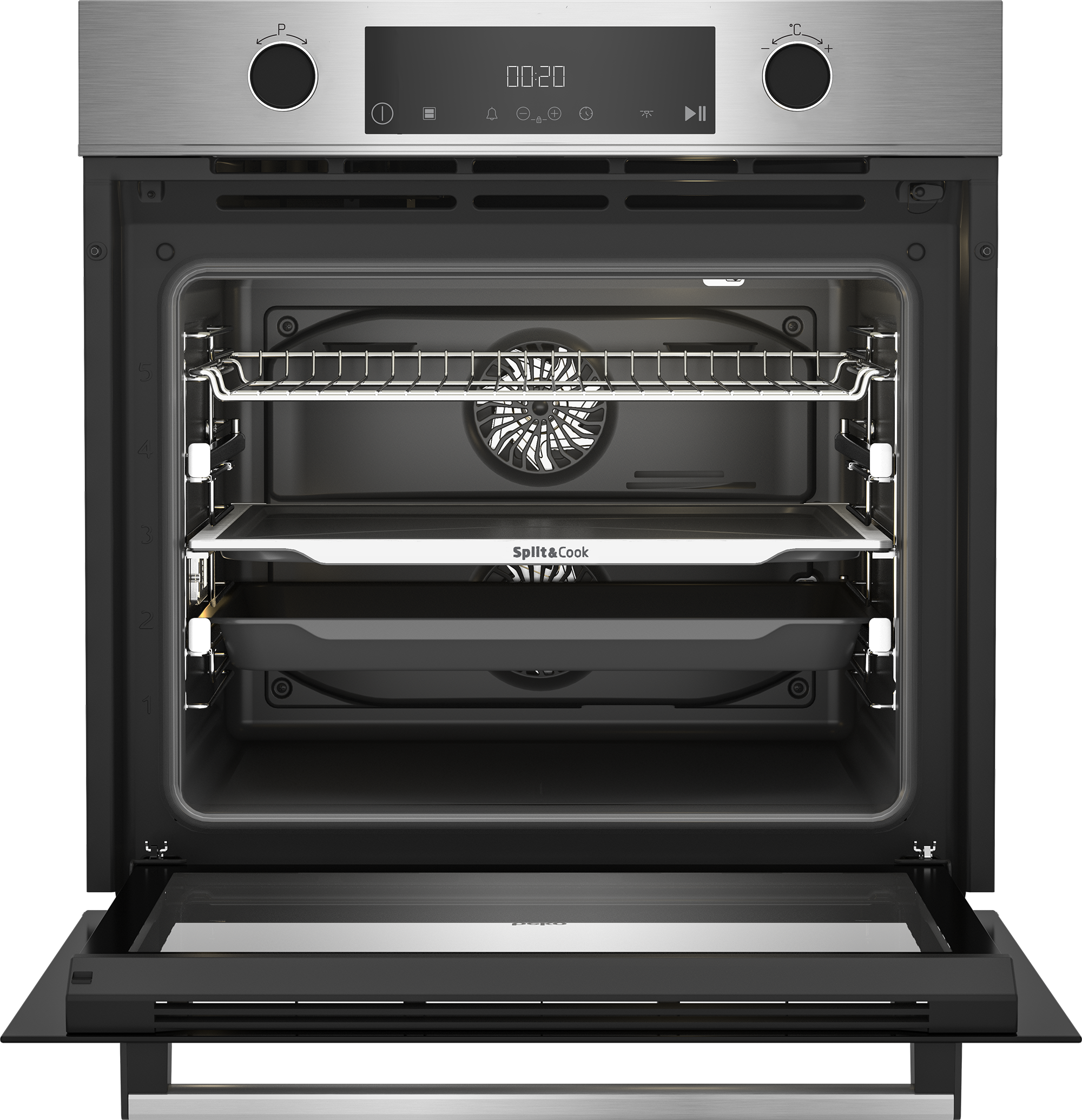 Un forno aperto con vassoi, una ventola e un pannello di controllo in alto.
