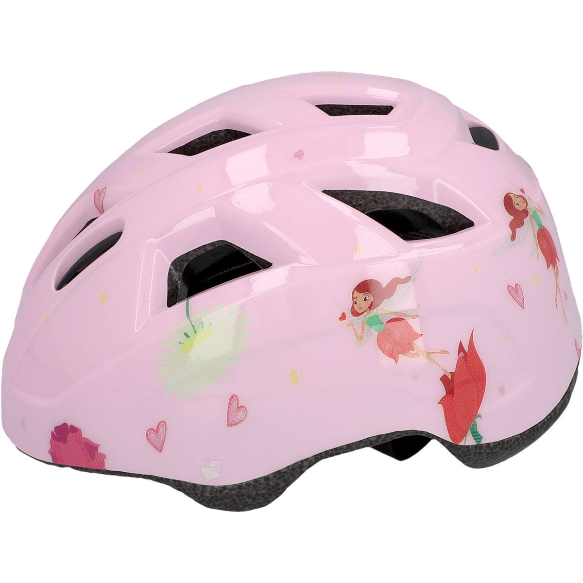 Ein rosa Kinderfahrradhelm mit Luftschlitzen, Feenaufdruck und schwarzem Innenraum, isoliert auf Weiß.