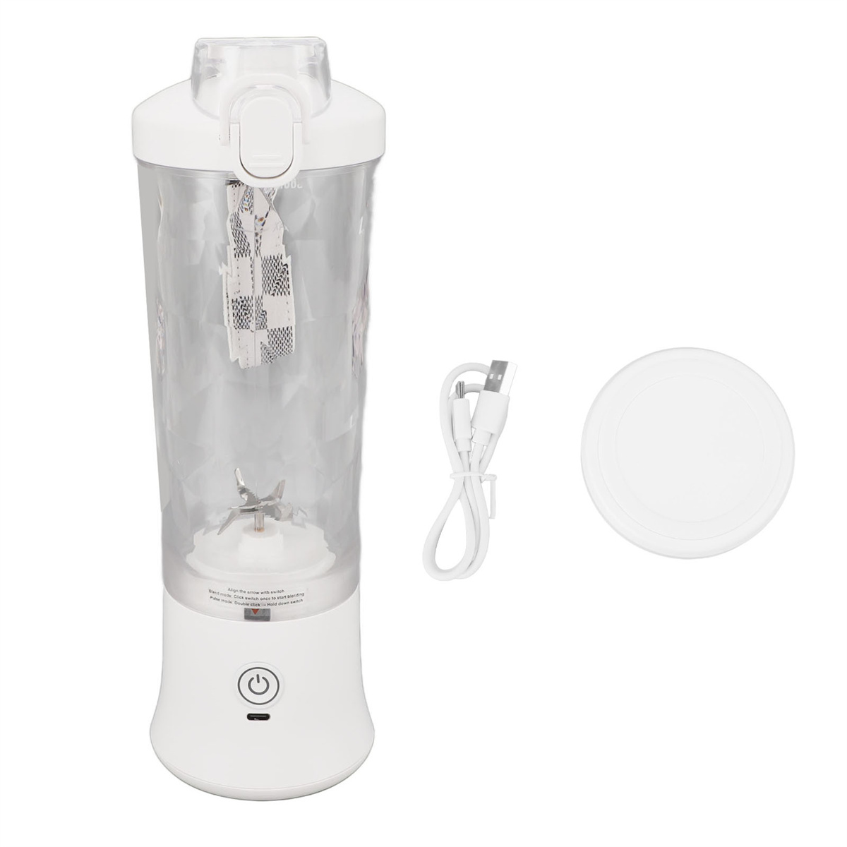 Weißer Mixer mit transparentem Behälter, weißem Deckel und USB-Kabel.