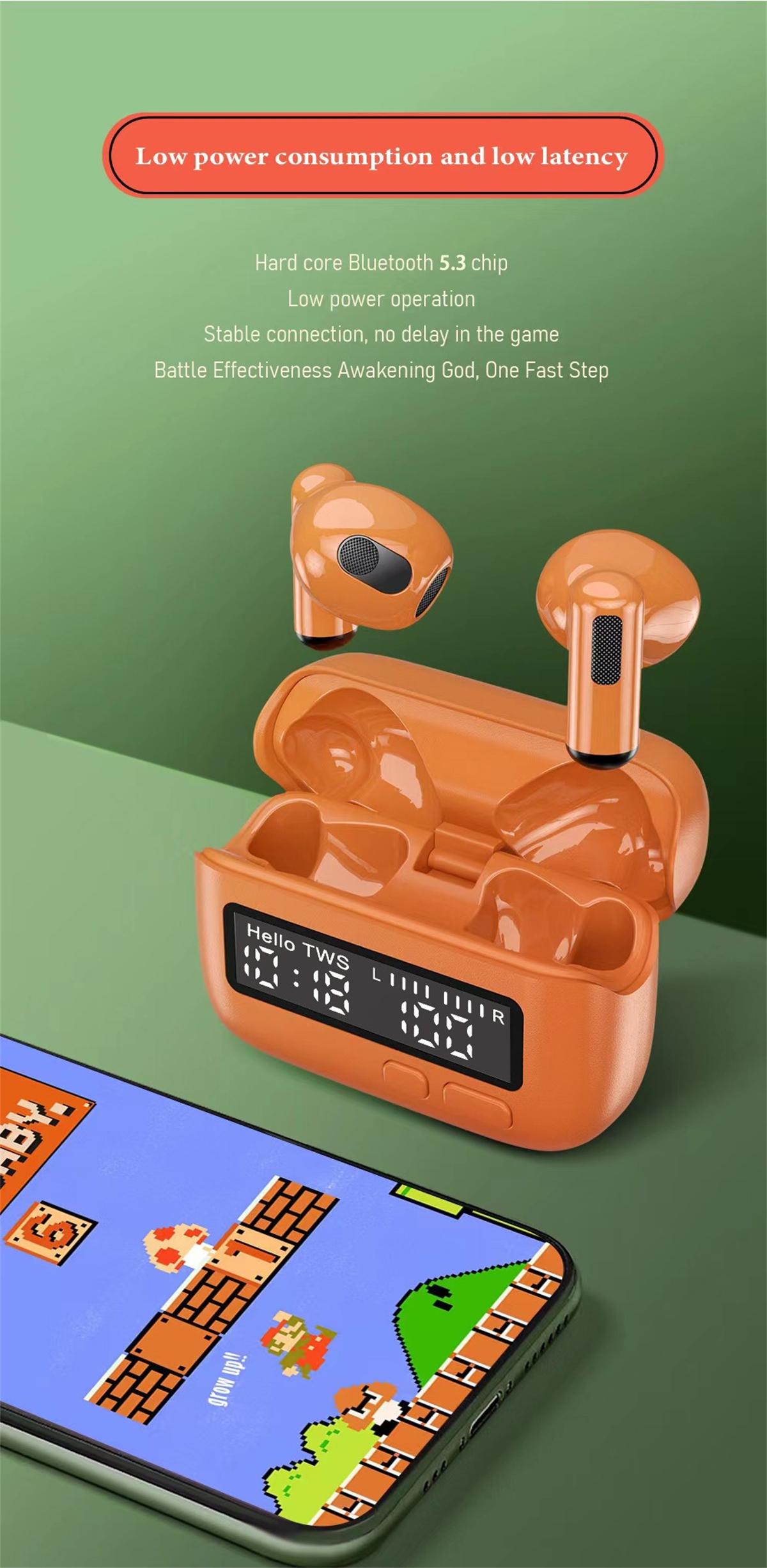 Orangefarbene Ohrhörer in einem Ladecase, mit einem Telefon, das einen Retro-Game-Level im Hintergrund zeigt.