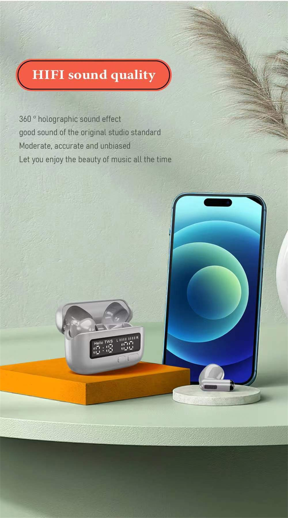 Ohrhörer und ein Smartphone. Text: HiFi-Klangqualität.