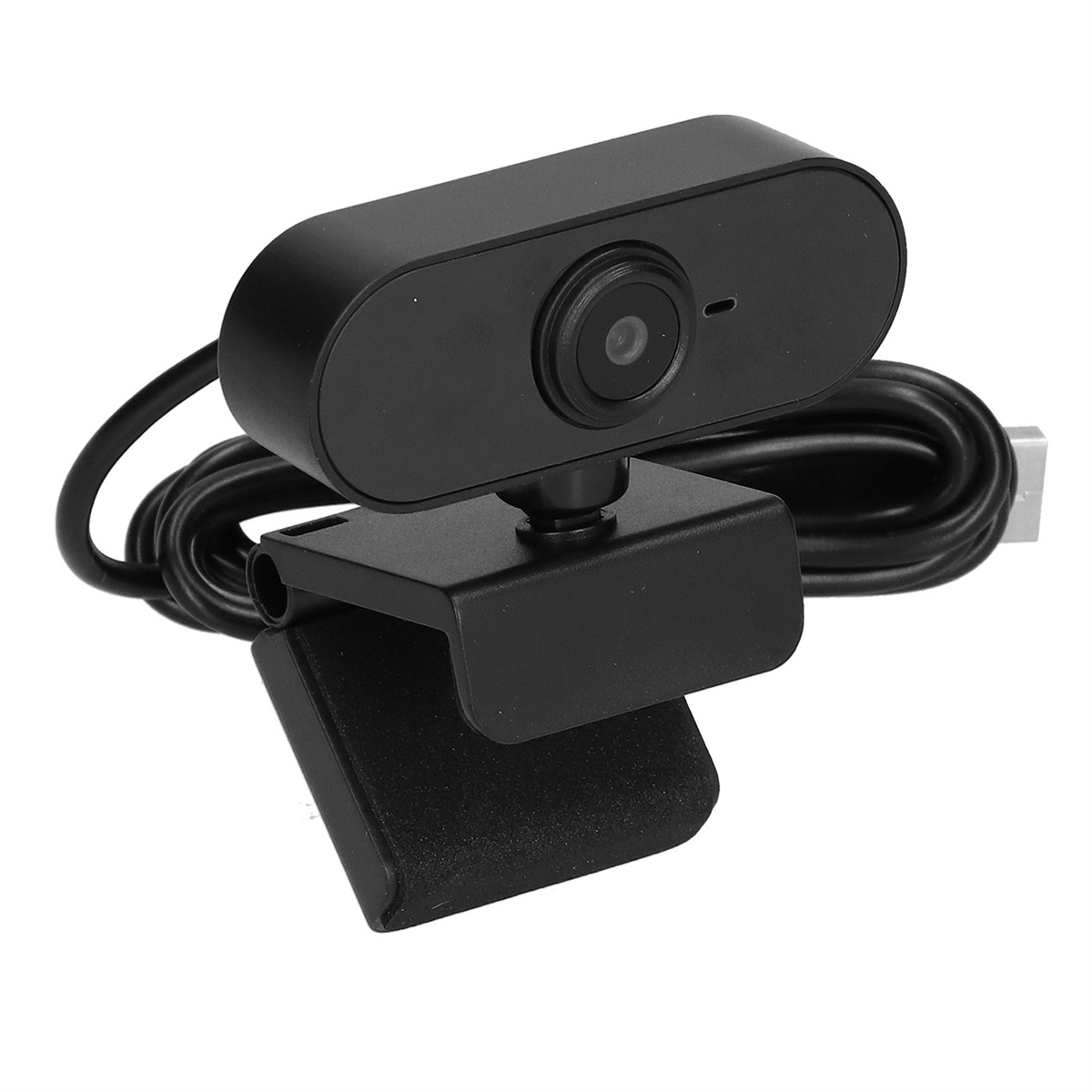 Schwarze Webcam mit schwarzem Ständer und USB-Kabel. Die Linse ist in der Mitte.