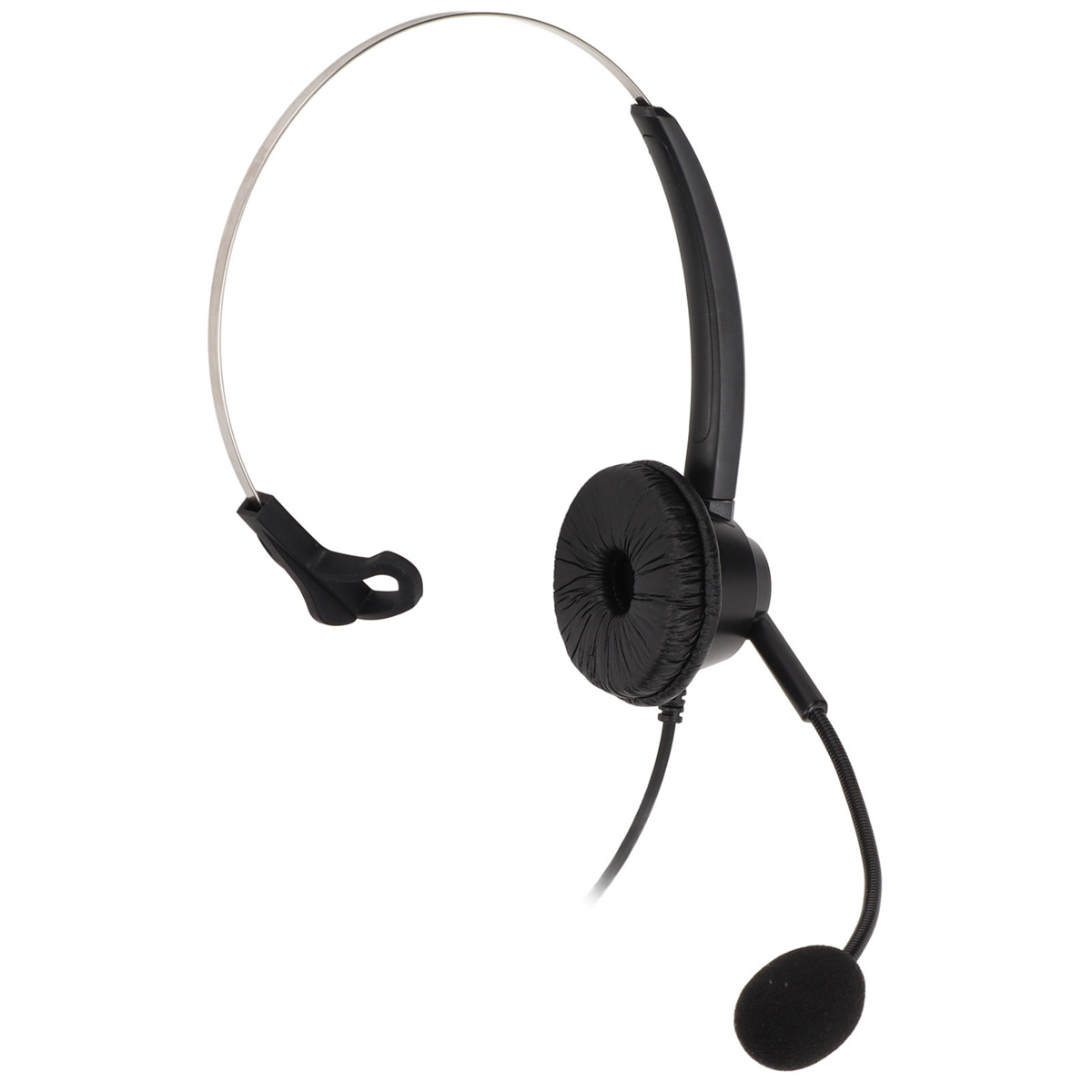 Schwarzes Headset mit Mikrofon. Das Headset ist für ein Ohr ausgelegt.
