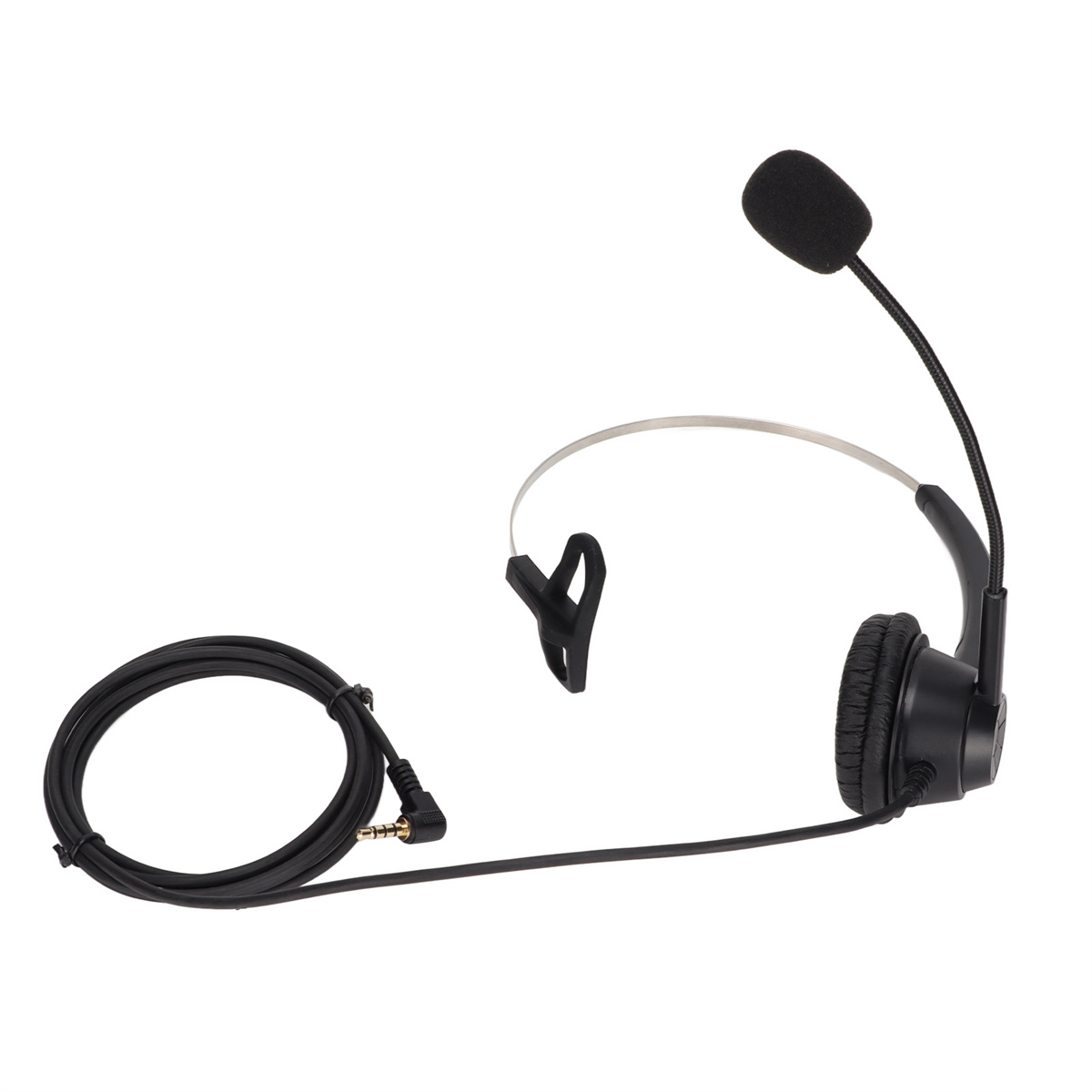 Ein schwarzes Headset mit Mikrofon und Kabel. Das Headset hat einen Ohrhörer und ein Mikrofon am Ausleger.