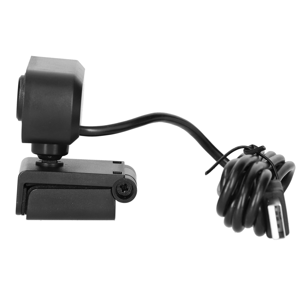Schwarze Webcam mit gebogenem Kabel und USB-Anschluss. Die Webcam ist auf einem Ständer montiert.
