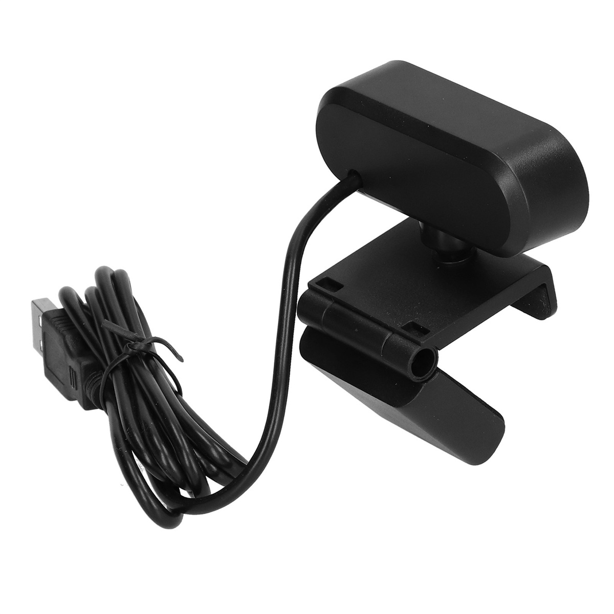 Schwarze Webcam mit USB-Kabel und Befestigungsclip.