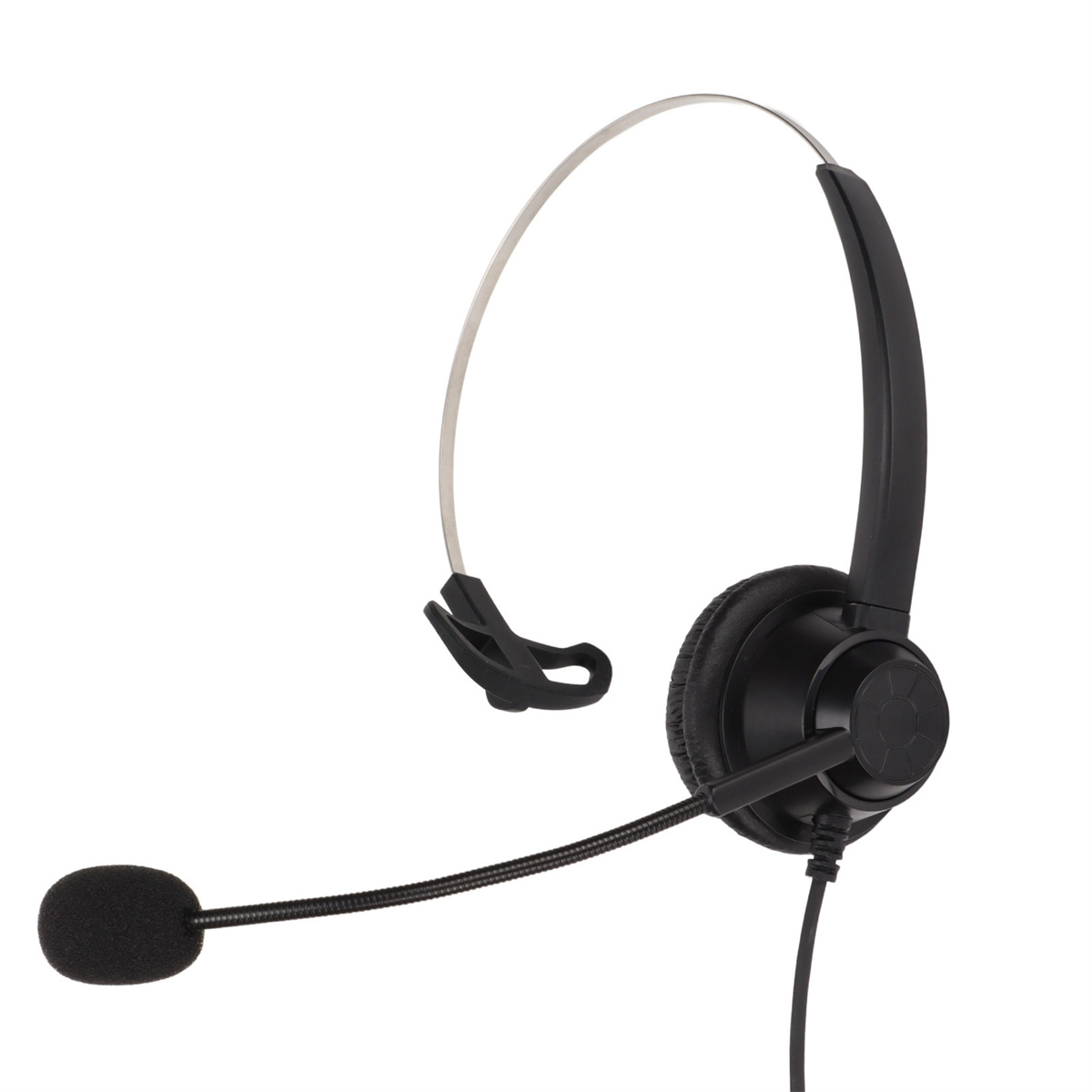 Schwarzes Headset mit Mikrofon auf weißem Hintergrund.