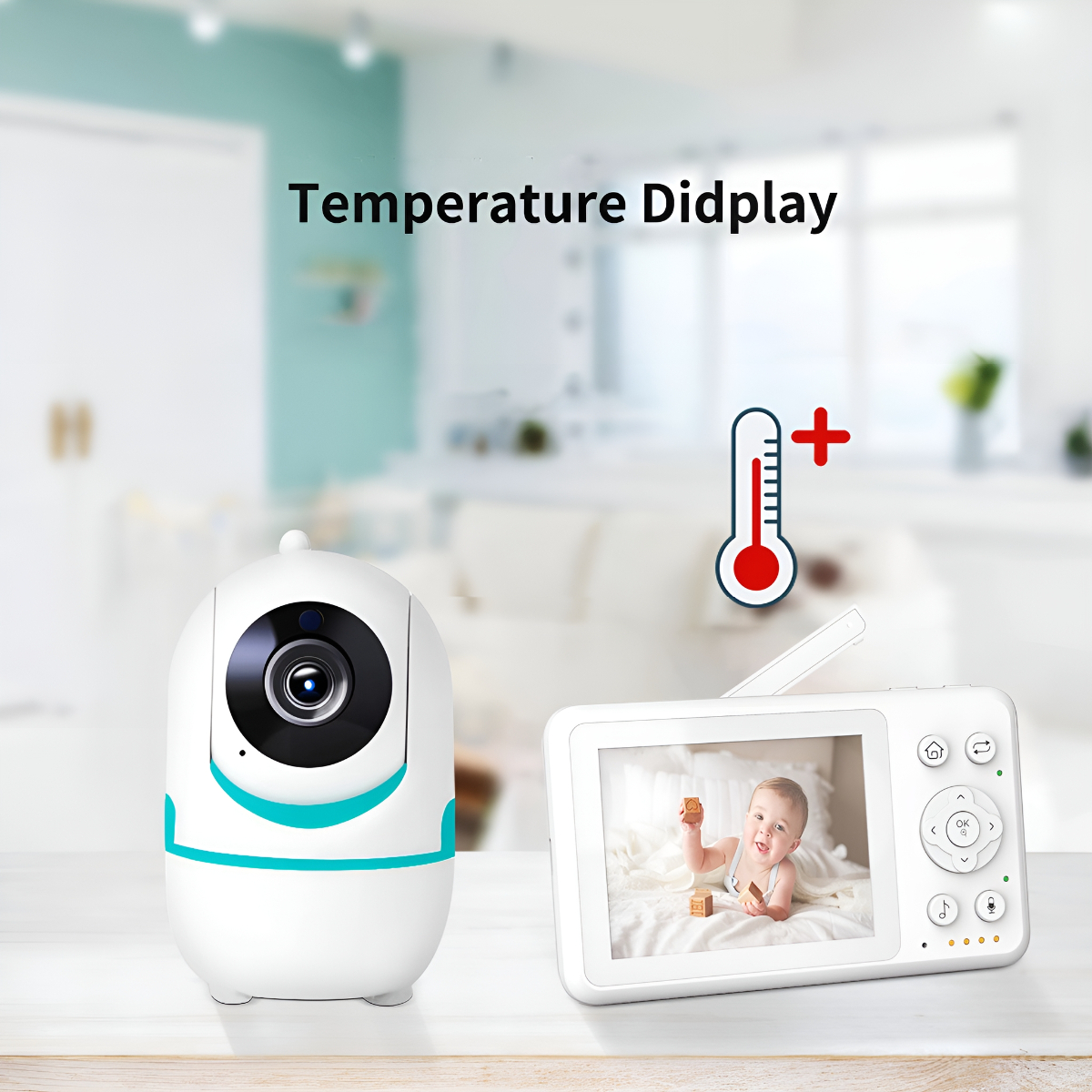 Babyphone mit Baby im Bett auf dem Bildschirm. Thermometer-Symbol. Weißer Hintergrund und Tisch.