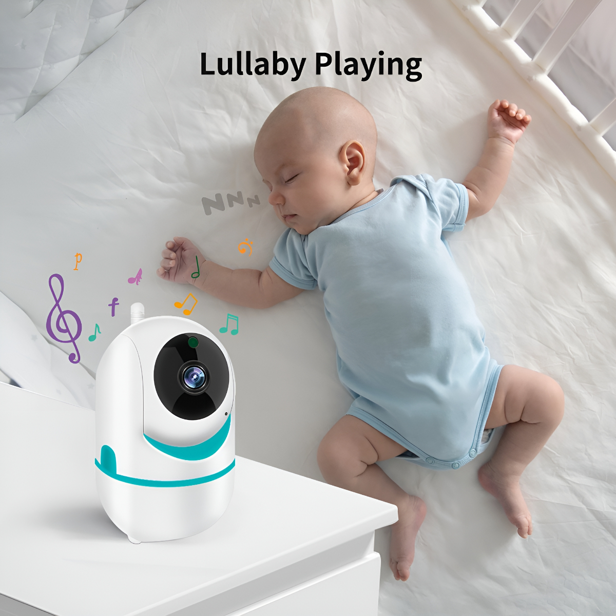 Schlafendes Baby, Babyphone auf weißem Tisch. Noten in der Luft.