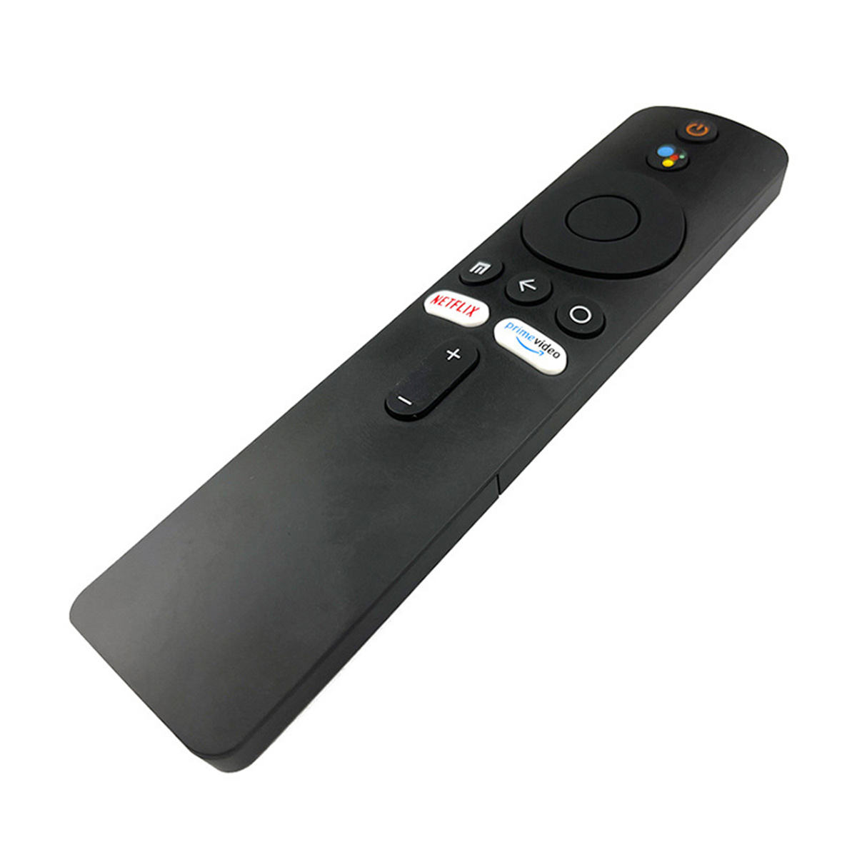 Eine schwarze Fernbedienung mit mehreren Tasten, darunter Netflix, Prime Video und Google Assistant.