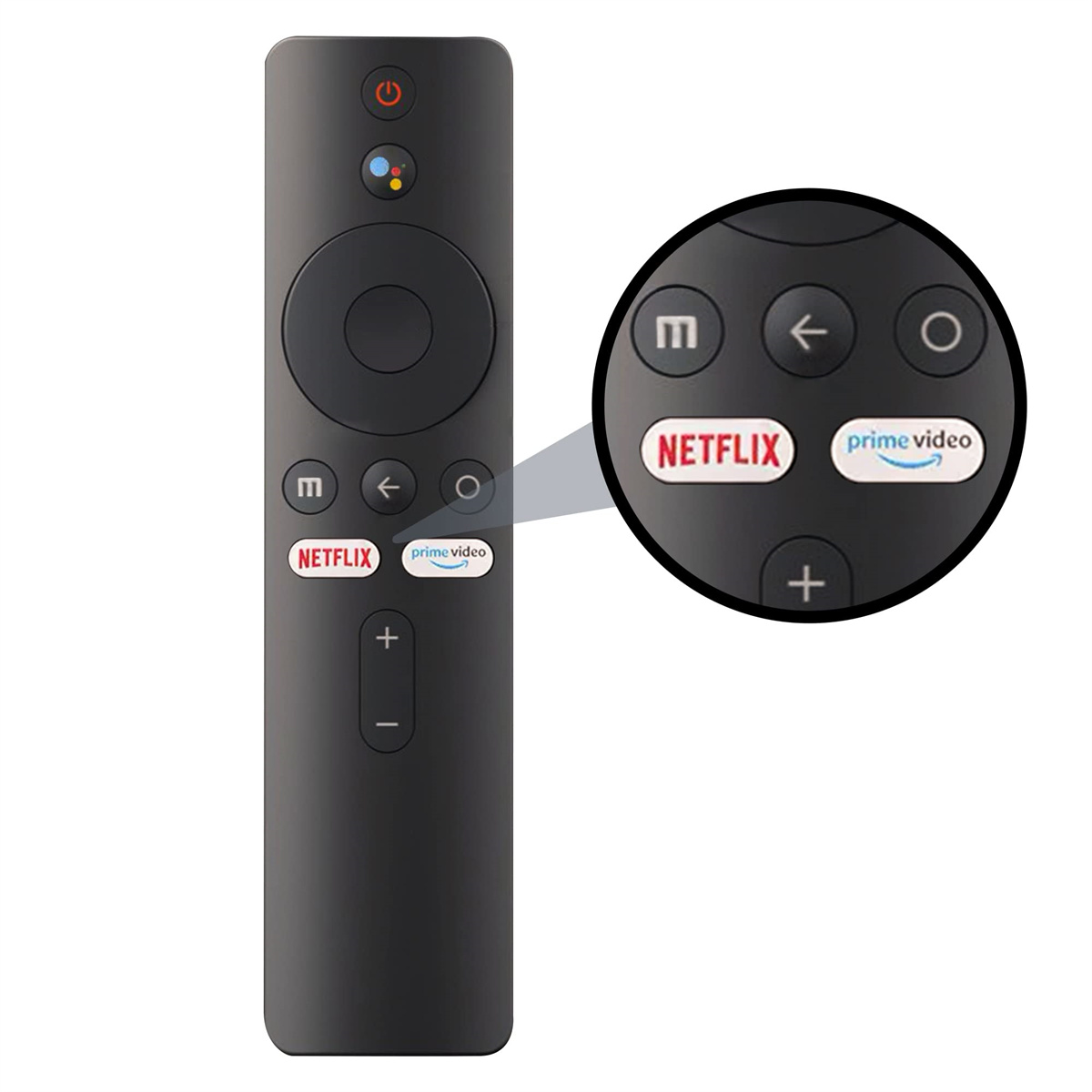 Eine schwarze Fernbedienung mit hervorgehobenen Netflix- und Prime Video-Tasten.
