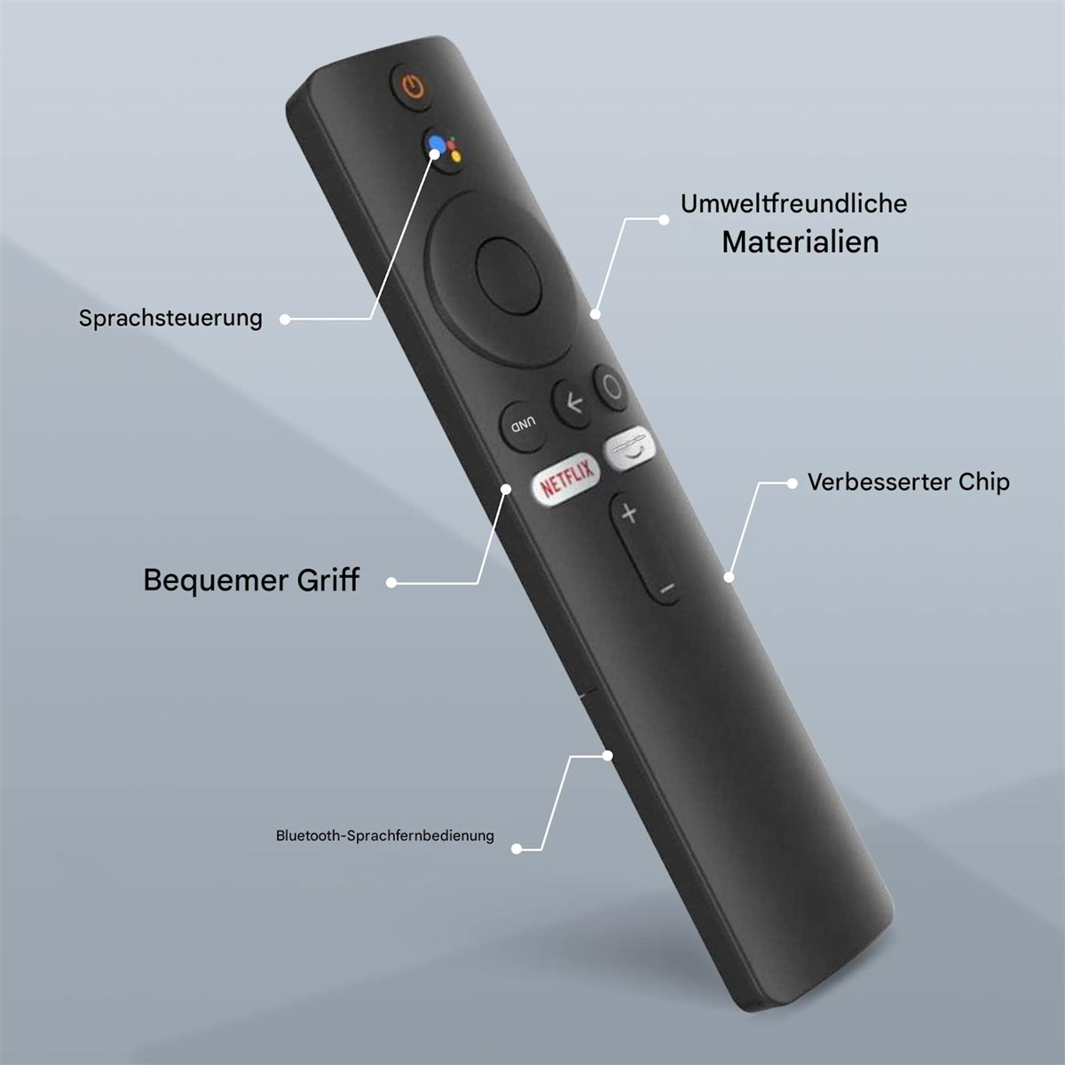 Schwarze Fernbedienung mit Tasten und Beschriftungen. Funktionen umfassen Sprachsteuerung, Netflix-Taste und komfortablen Griff.