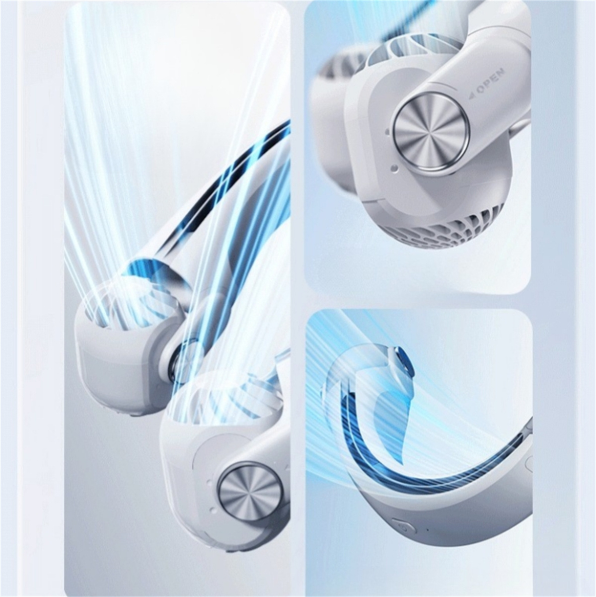 Ein weißer tragbarer Ventilator mit drei Ansichten, zeigt Design und Luftstromrichtung.