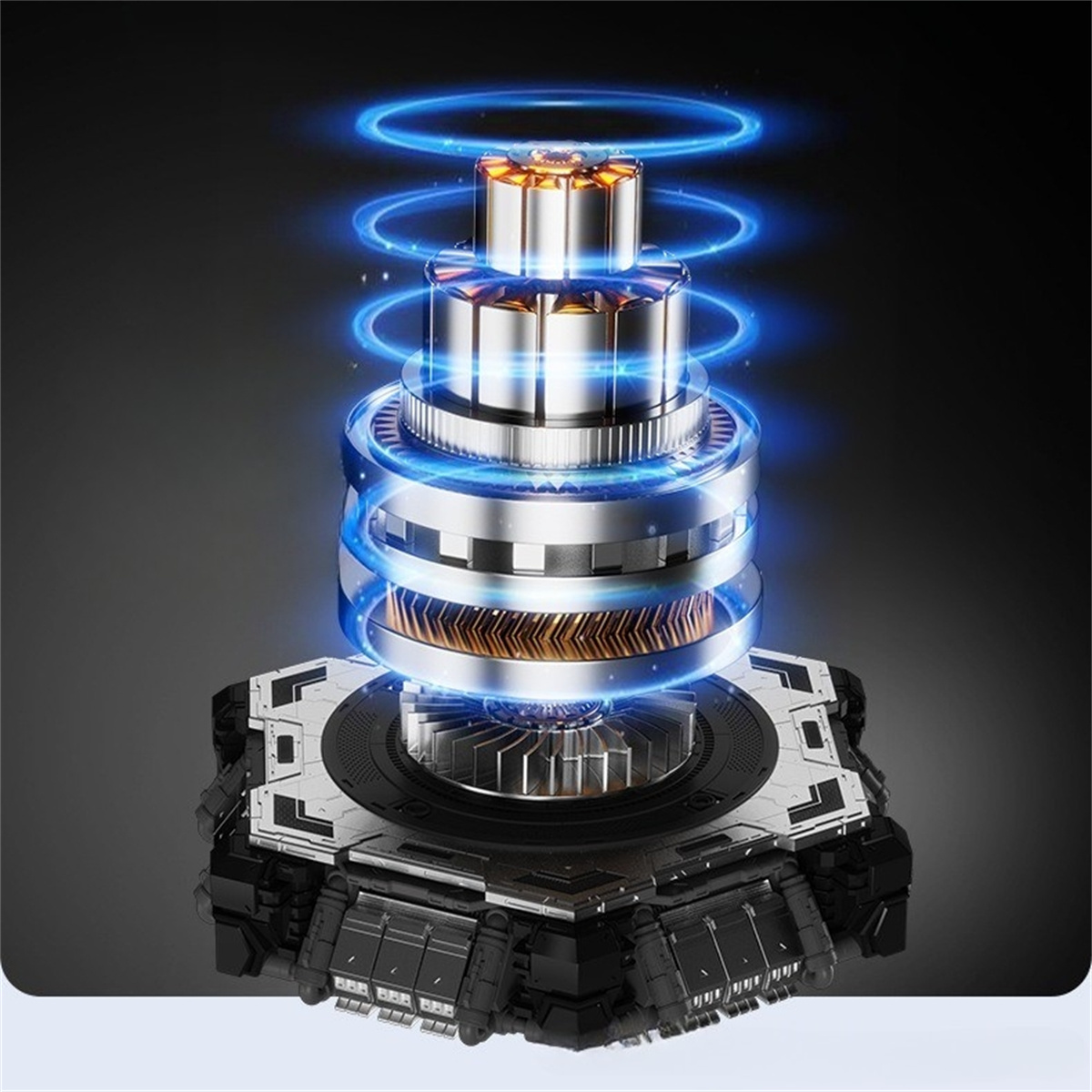 Nahaufnahme eines mechanischen Geräts mit mehreren silbernen und kupferfarbenen Komponenten, beleuchtet von blauen Lichtern.