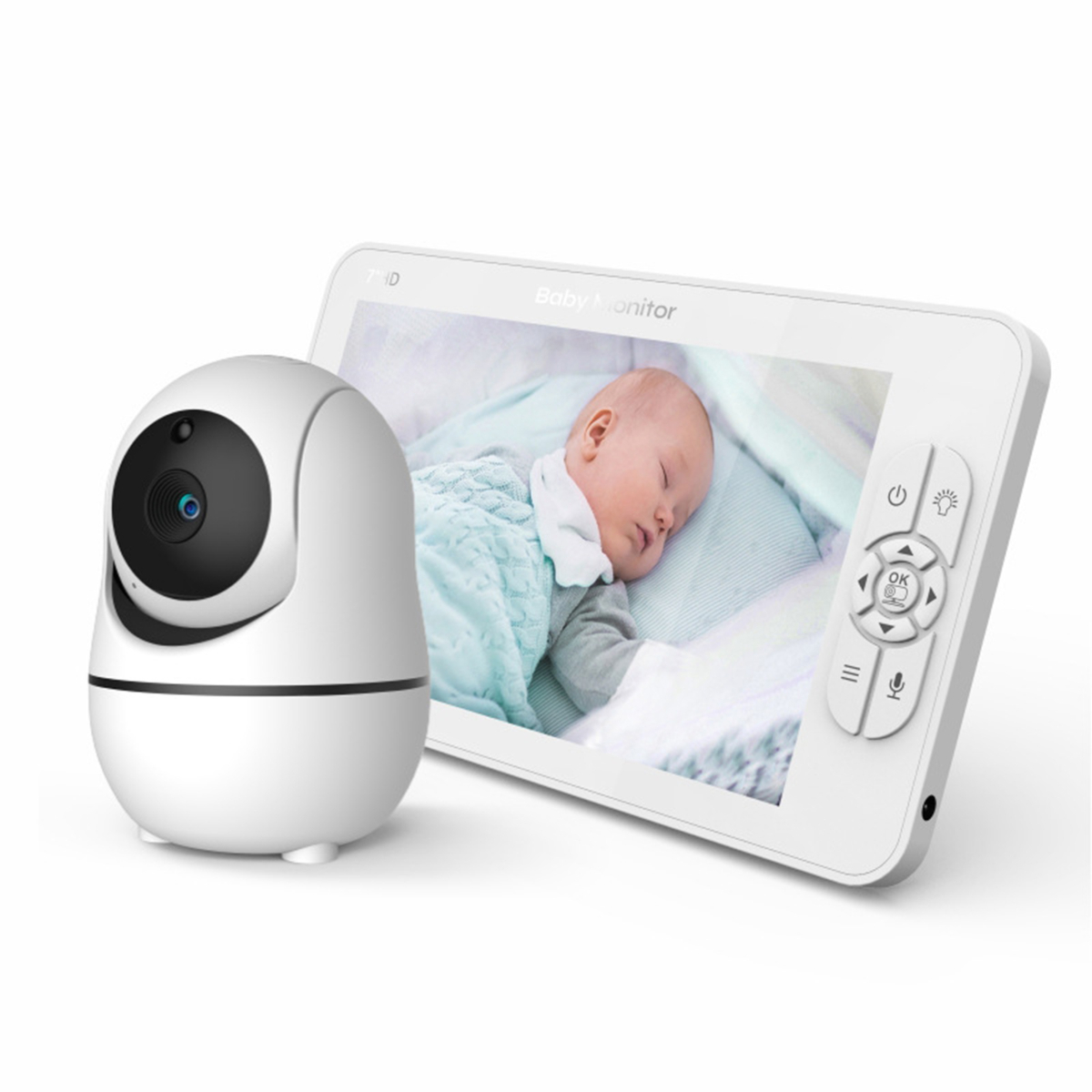 Ein Babyphone mit einer weißen Kamera und einem Bildschirm, der ein schlafendes Baby zeigt.