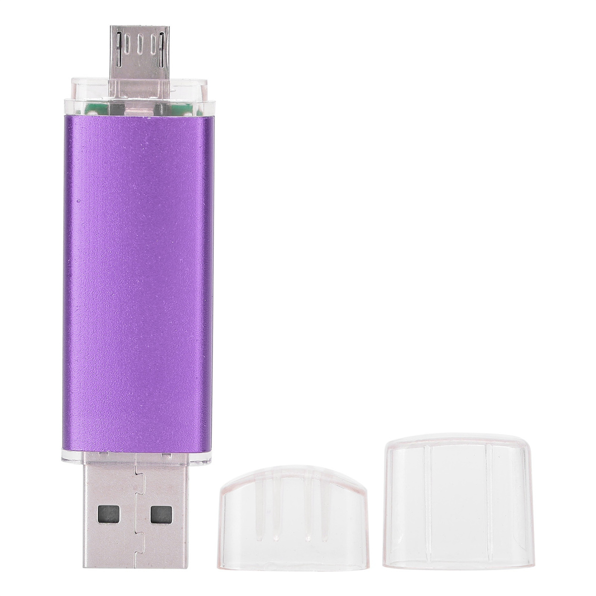 Ein lila USB-Stick wird zusammen mit seiner transparenten Kappe gezeigt. Der Stick hat einen USB- und einen Micro-USB-Anschluss.