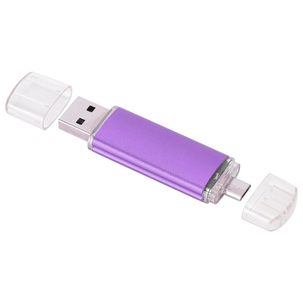 Lila USB-Stick mit Kappen. Eine Kappe liegt an der Seite, die andere ist getrennt. Weißer Hintergrund.