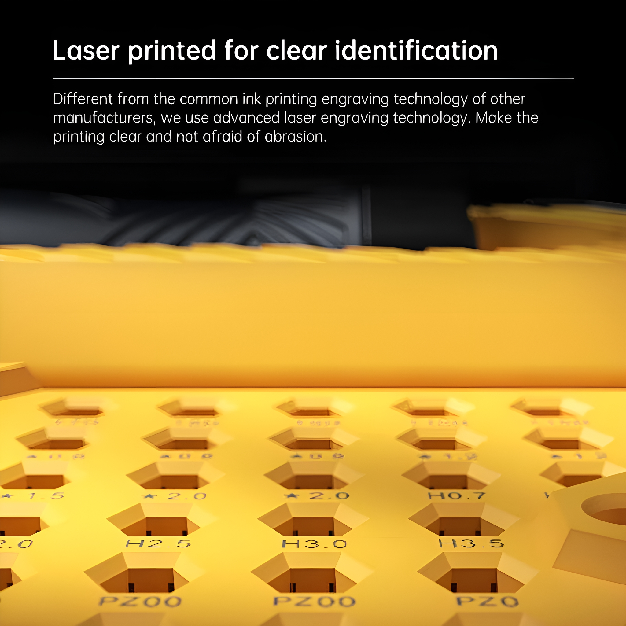 Gelber Werkzeughalter mit lasergraviertem Text. Text lautet: 1.5, 2.0, H0.7, H2.5, H3.0, H3.5, PZO.