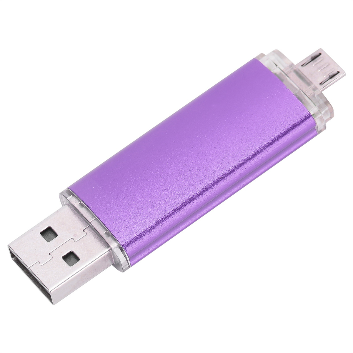 Lila USB-Stick. USB-Anschluss und Micro-USB-Anschluss sichtbar.