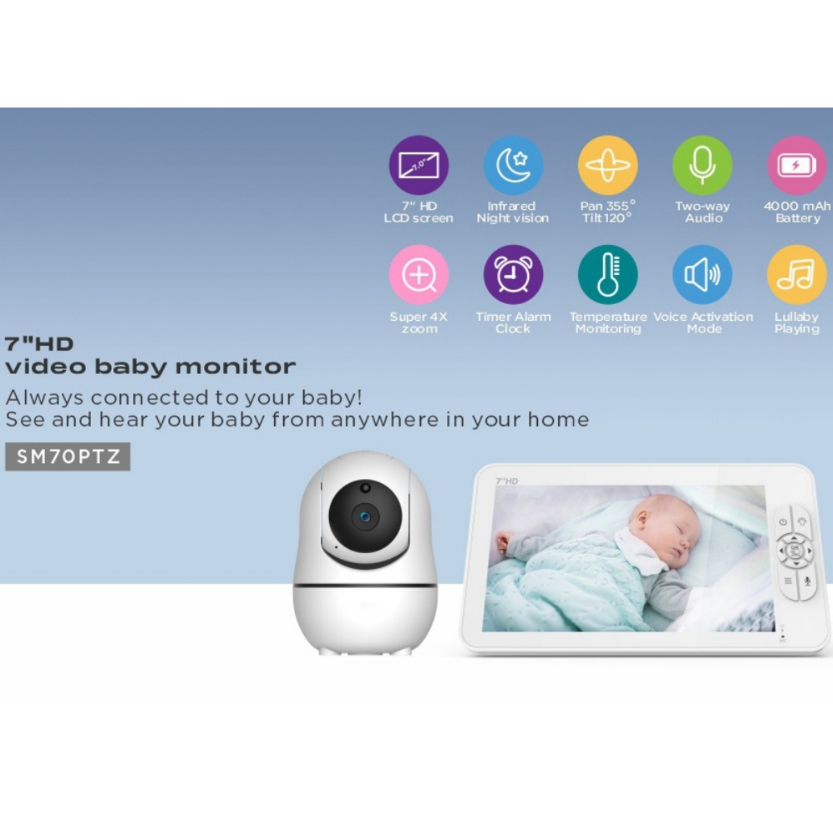 Weißer Babyphone mit Kamera und Bildschirm, zeigt ein Baby im Kinderbett und Funktionssymbole.