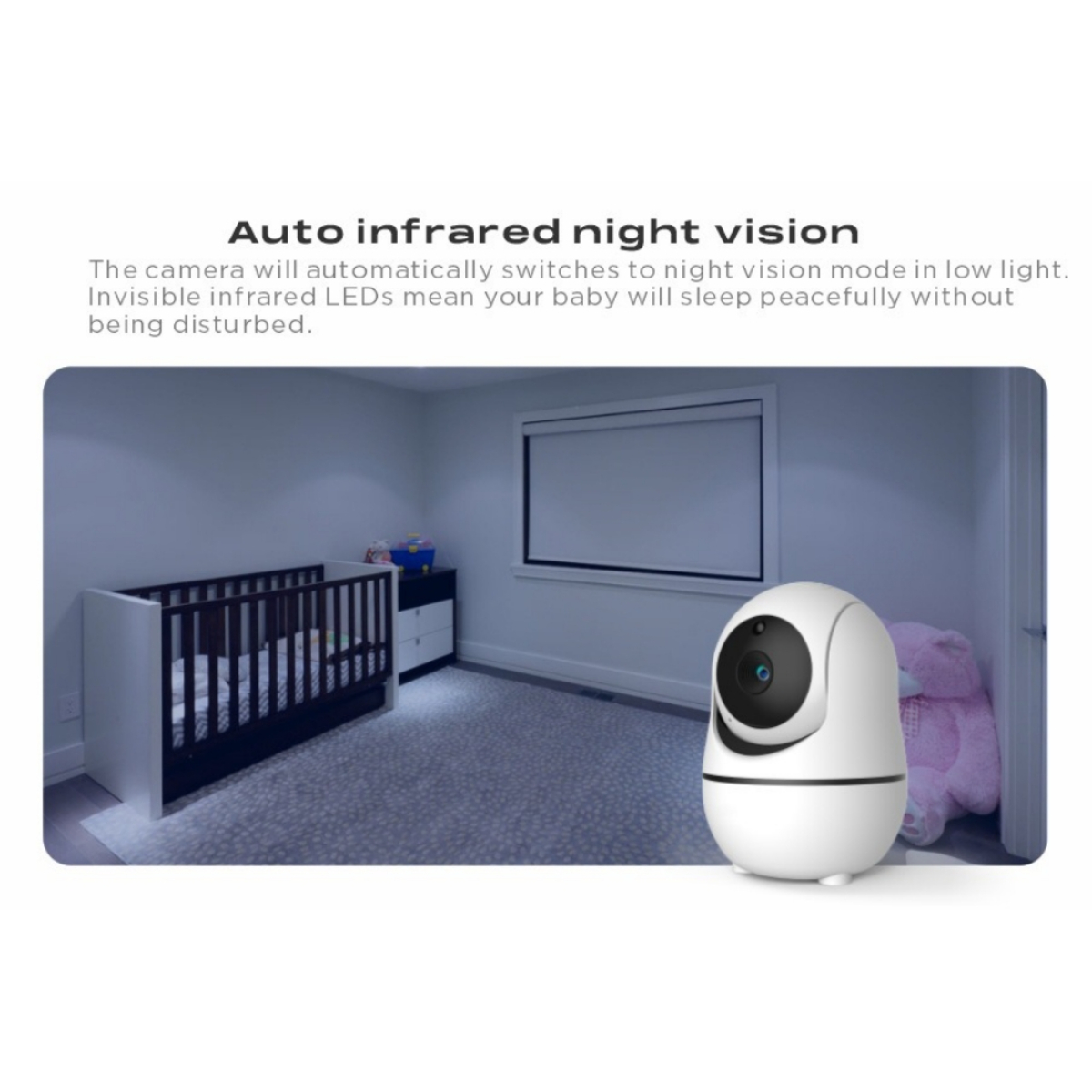 Ein Babyphone in einem Schlafzimmer. Ein Kinderbett, eine Kommode, ein Fenster und ein Teddybär sind sichtbar.
