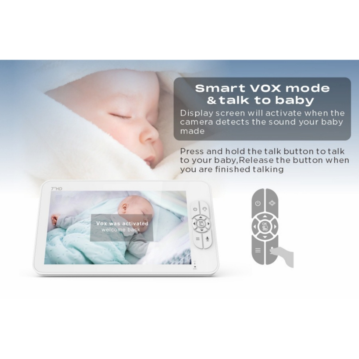Babyphone zeigt Baby auf dem Bildschirm, Controller rechts. Text: Smart VOX-Modus & Talk to Baby.