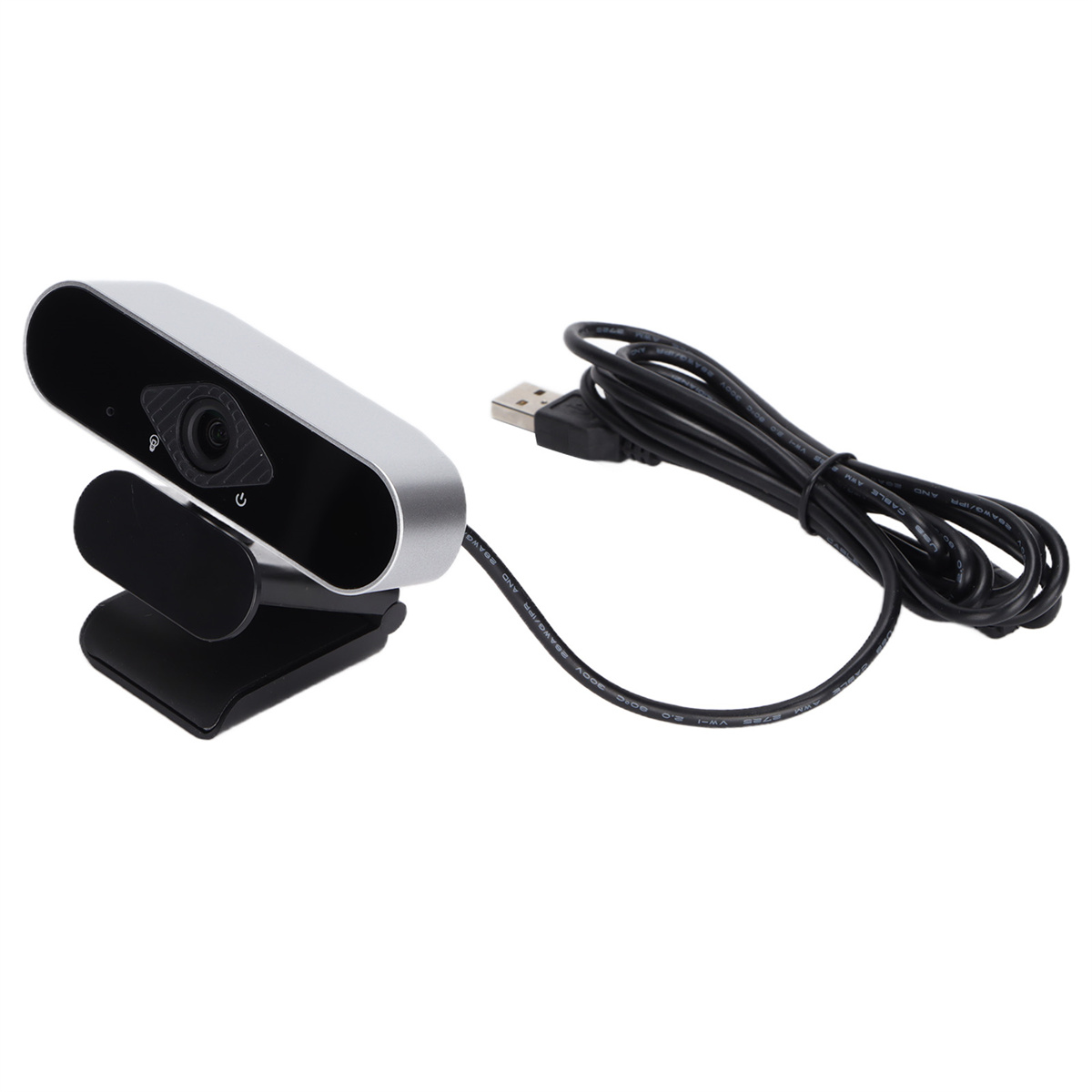 Eine silberne Webcam mit schwarzem Clip und USB-Kabel, auf weißer Oberfläche. Ein schwarzes USB-Kabel ist angeschlossen.