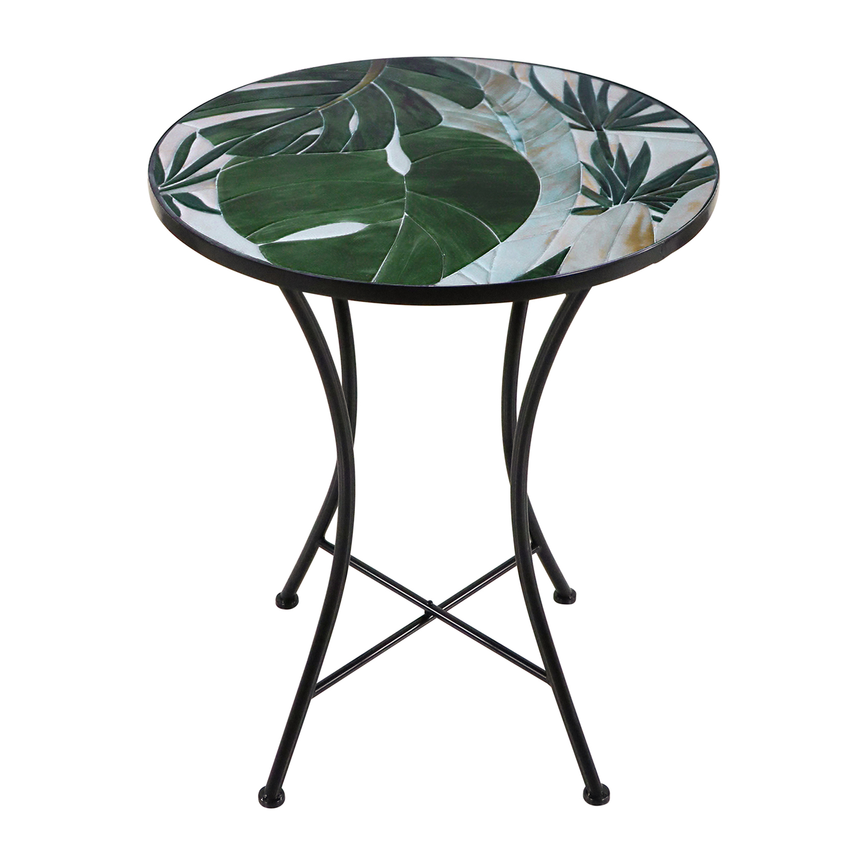 Runder Tisch mit grünem Blattdesign oben und schwarzem Metallrahmen.